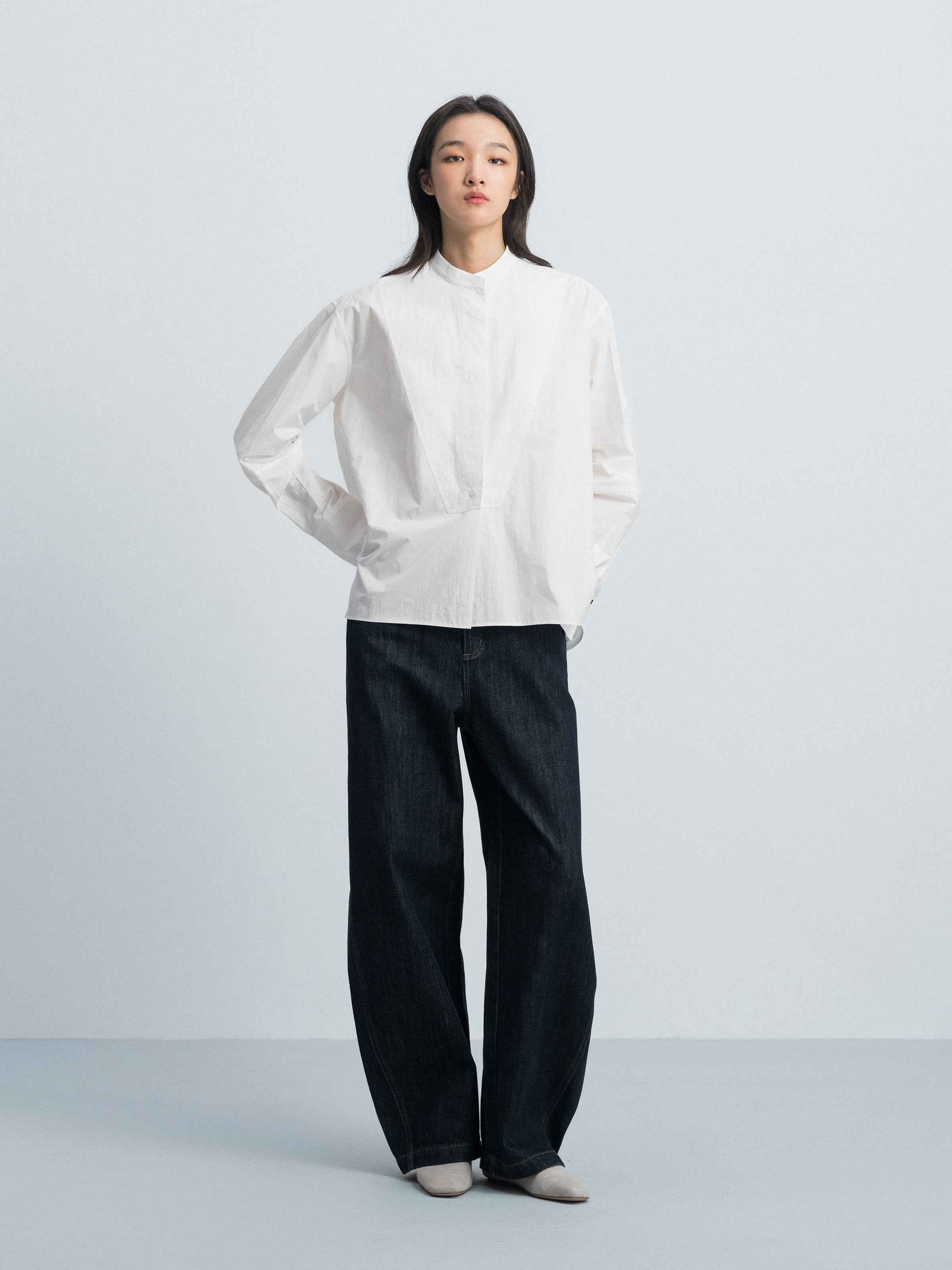 Off White Cotton Crinkle Stand Collar Hidden Placket Shirt