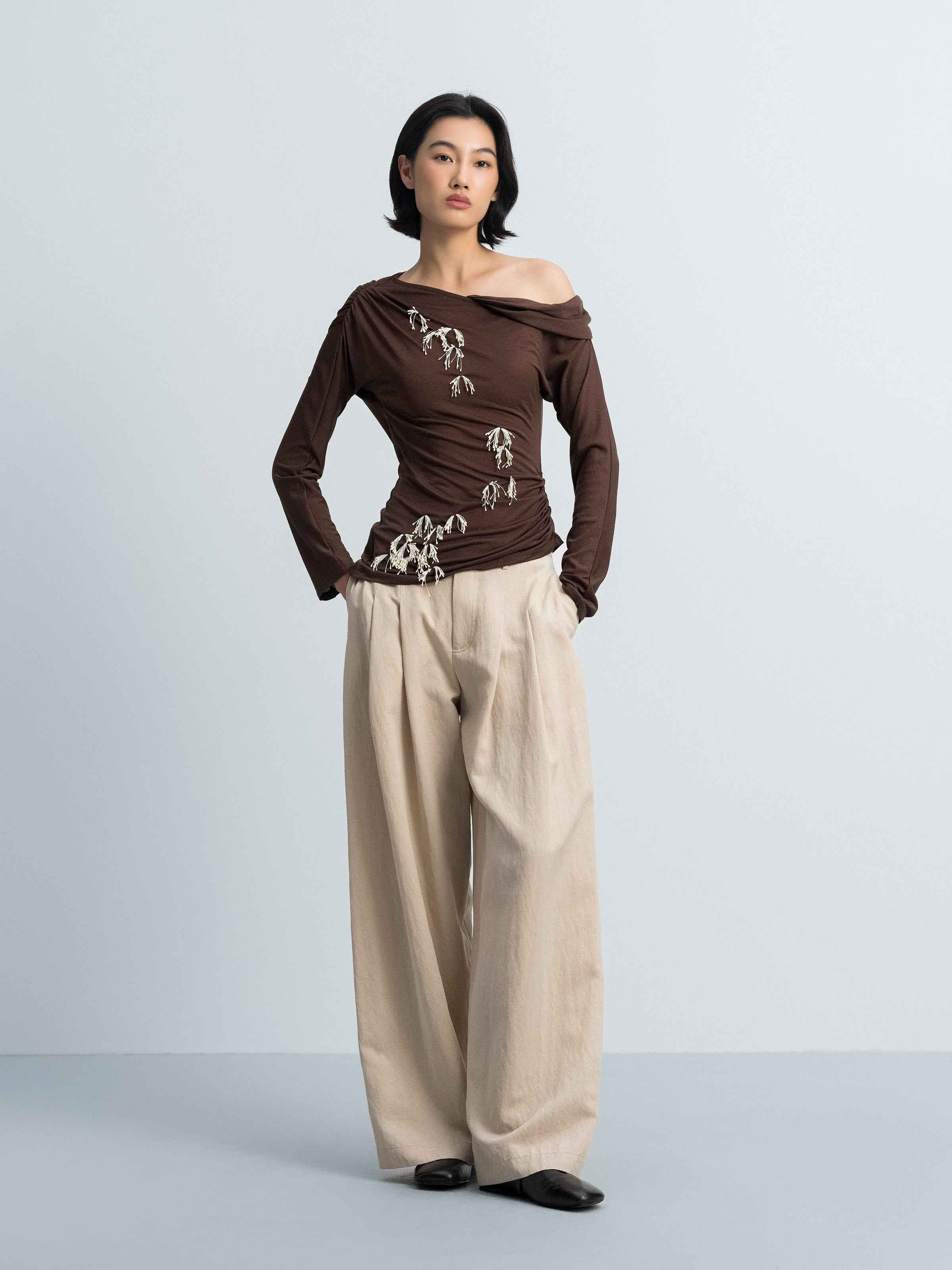 Brown Acetate Poly Knit Shoulder Ruching Diagonal Hem Top