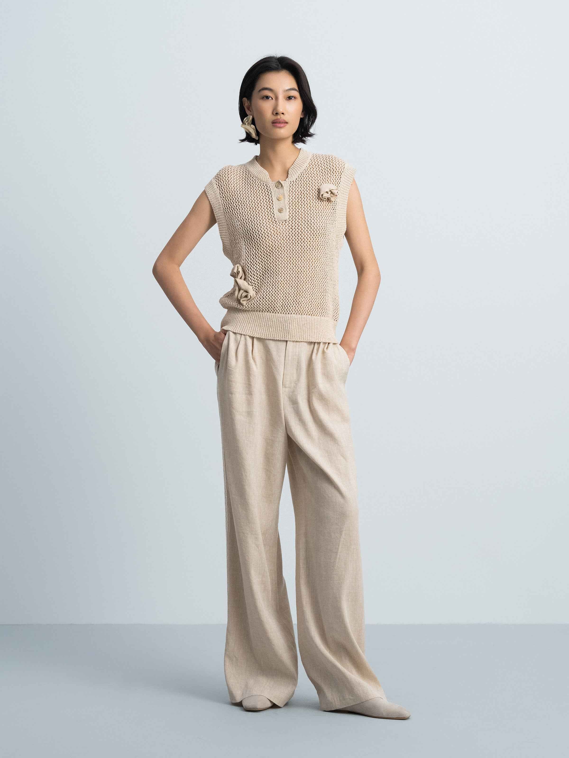 Beige Cotton Poly Linen Hollow Henley 3D Flower Knit Vest