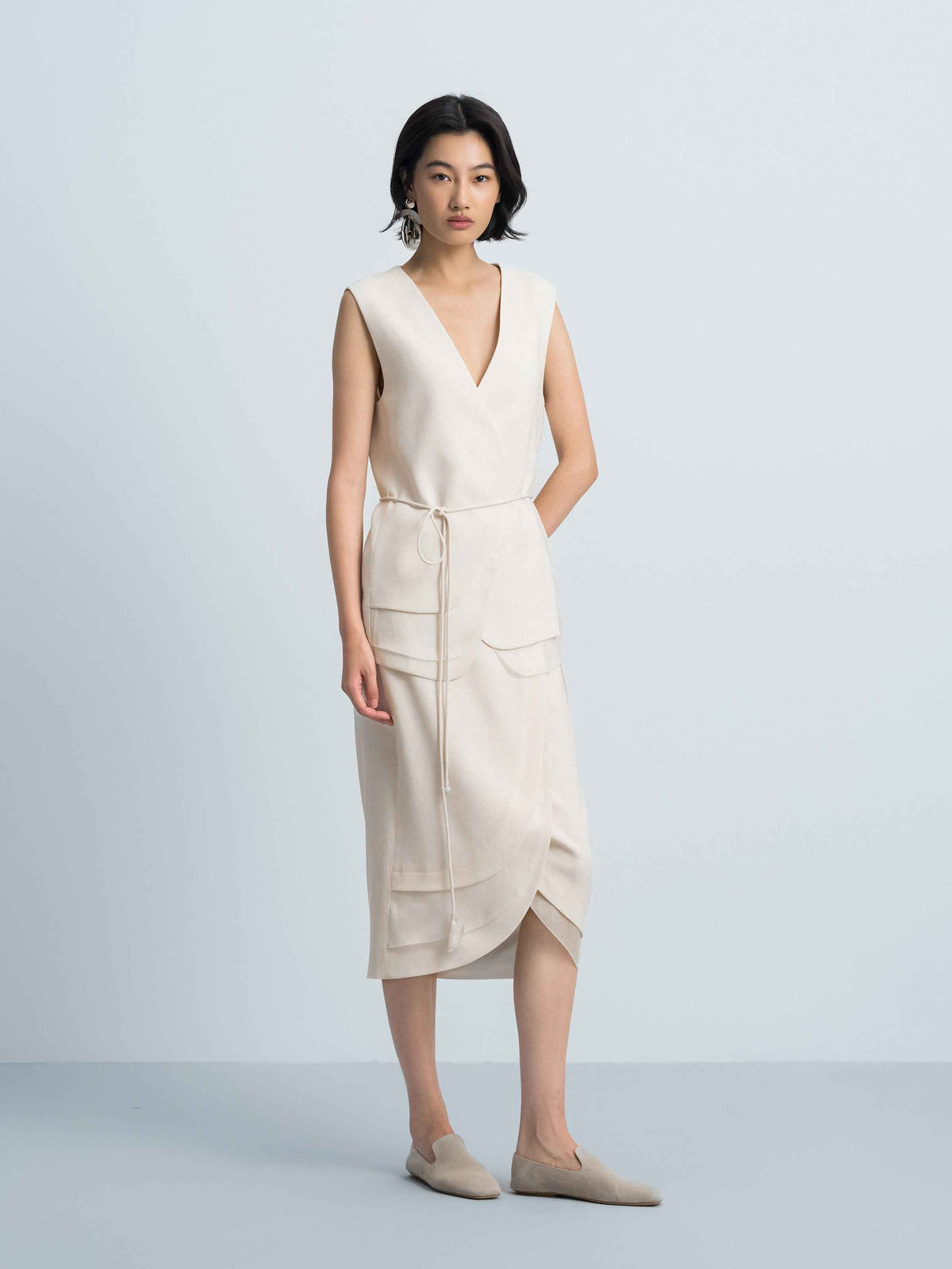 Cream White Triacetate Mesh Cocoon Tassel Tie Midi Skirt