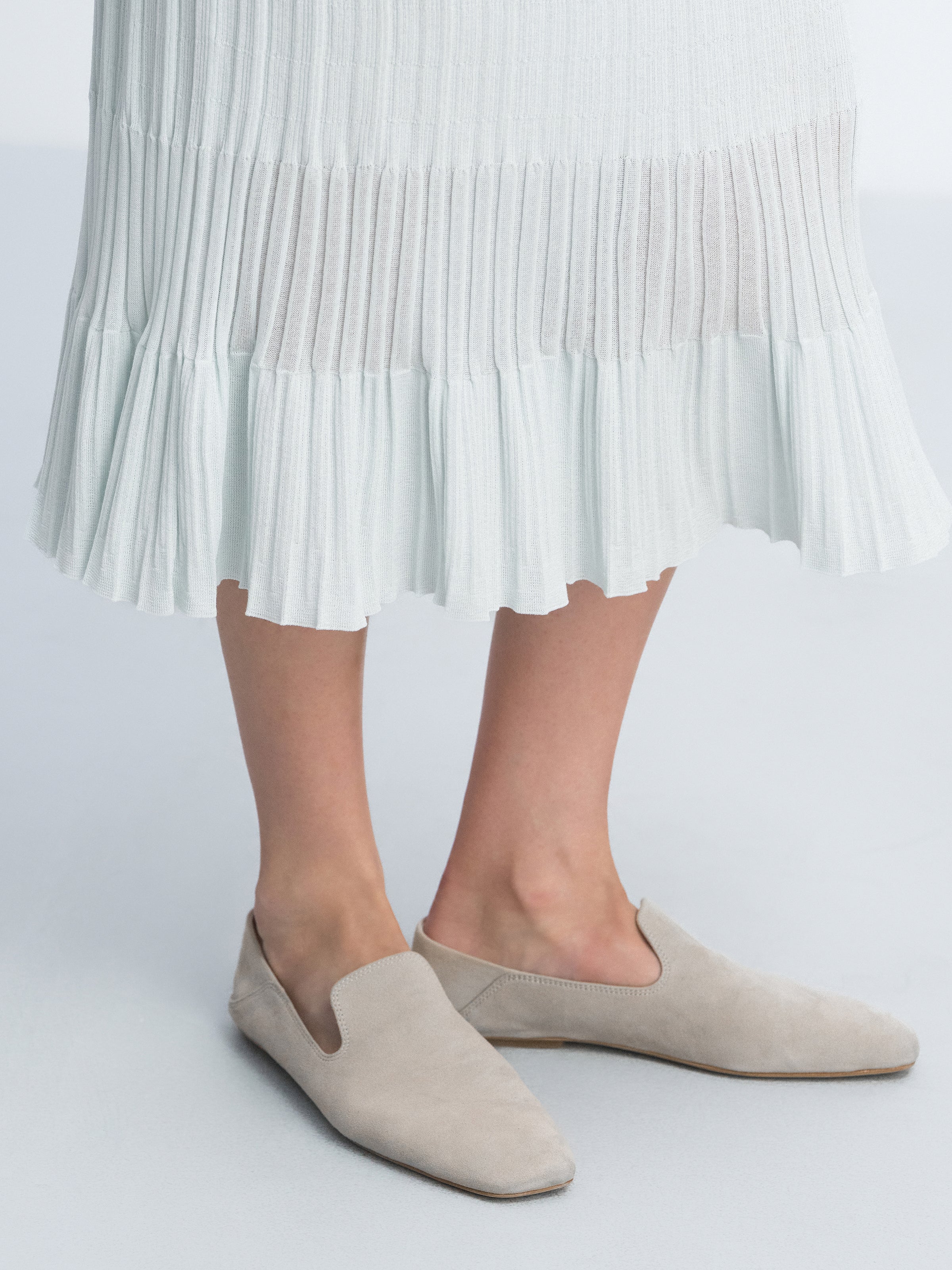 Beige Suede Goatskin U-Cut Square Toe Loafer Flats