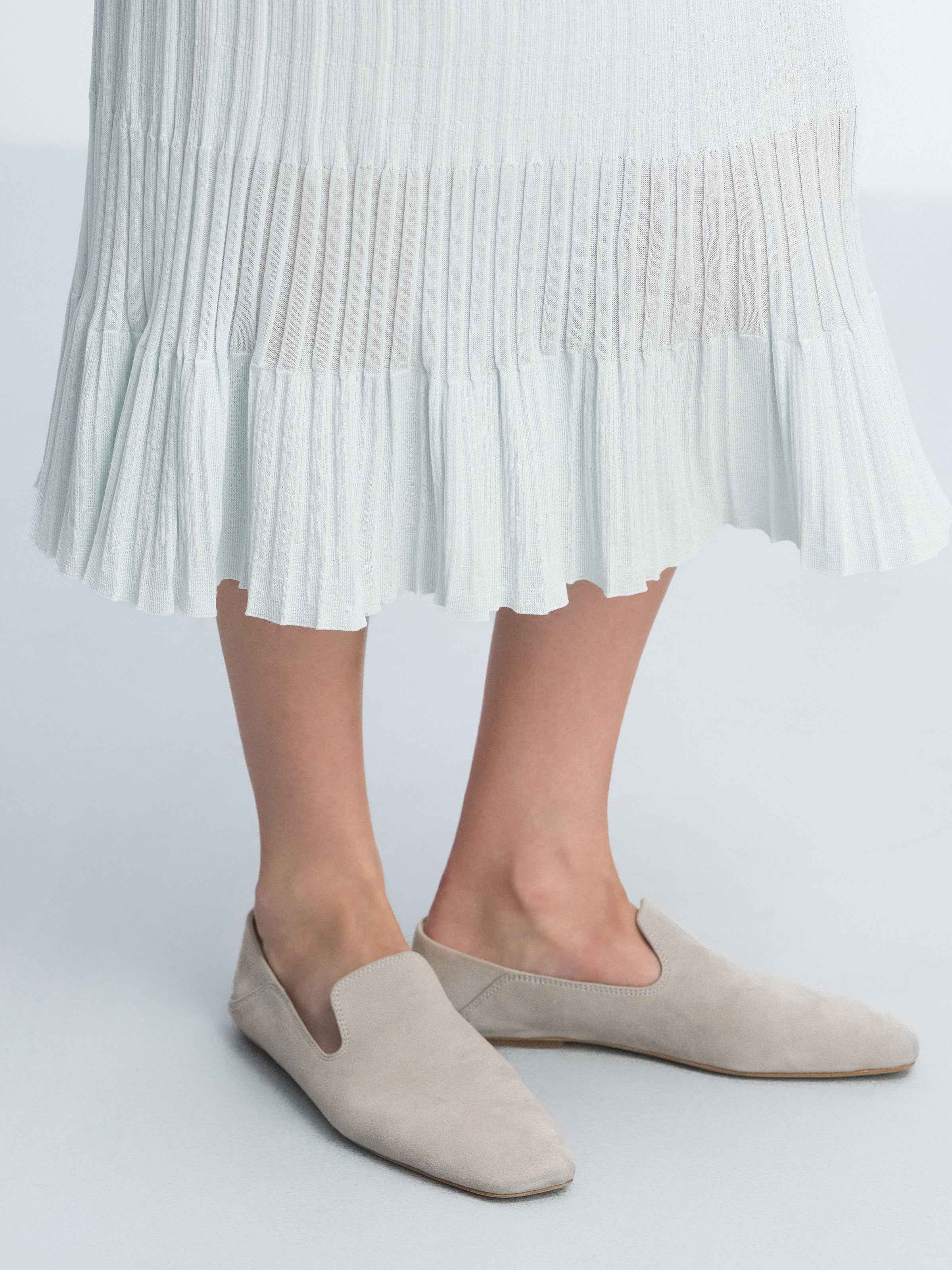 Beige Suede Goatskin U-Cut Square Toe Loafer Flats