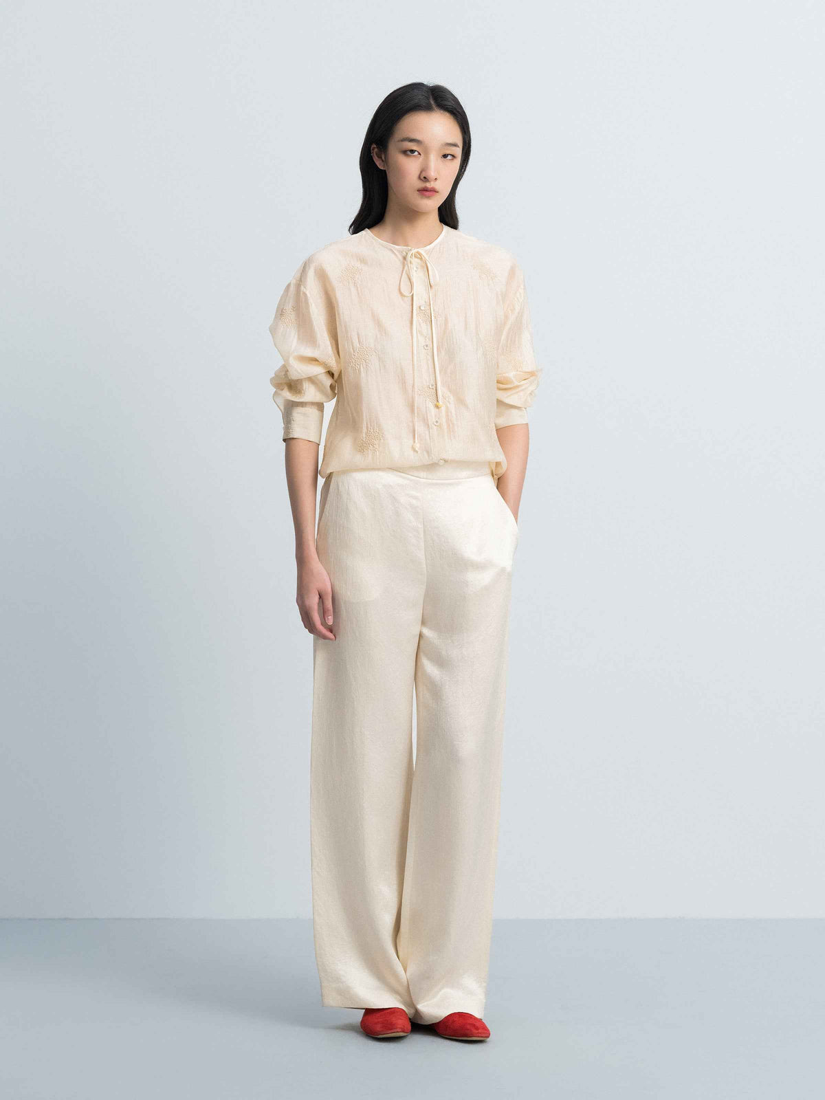 Beige Yellow Lyocell Blend Round Neck Bow Tie Shirt