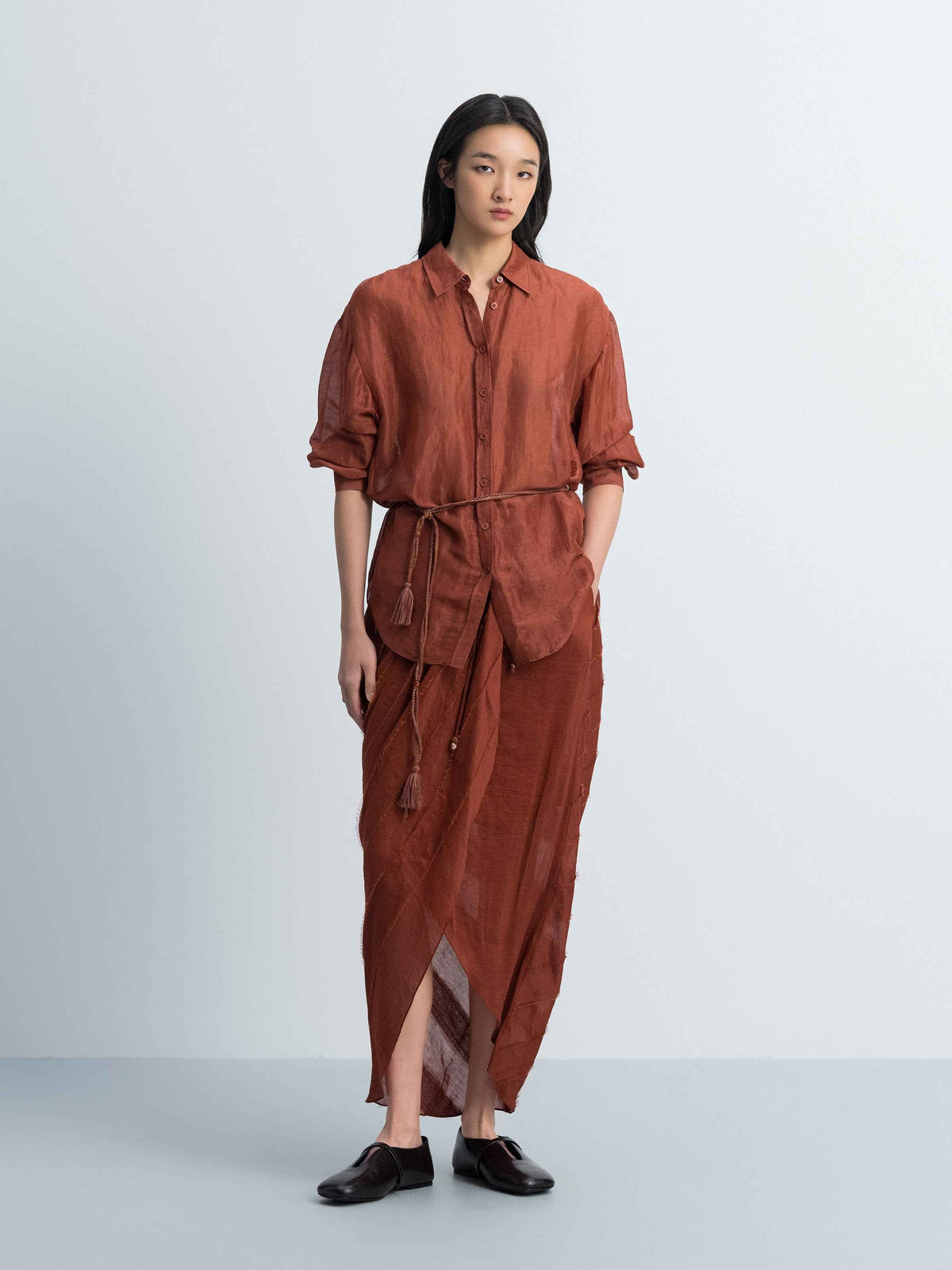 Dark Red Silk Linen Tassel Waist Irregular Cocoon Midi Skirt