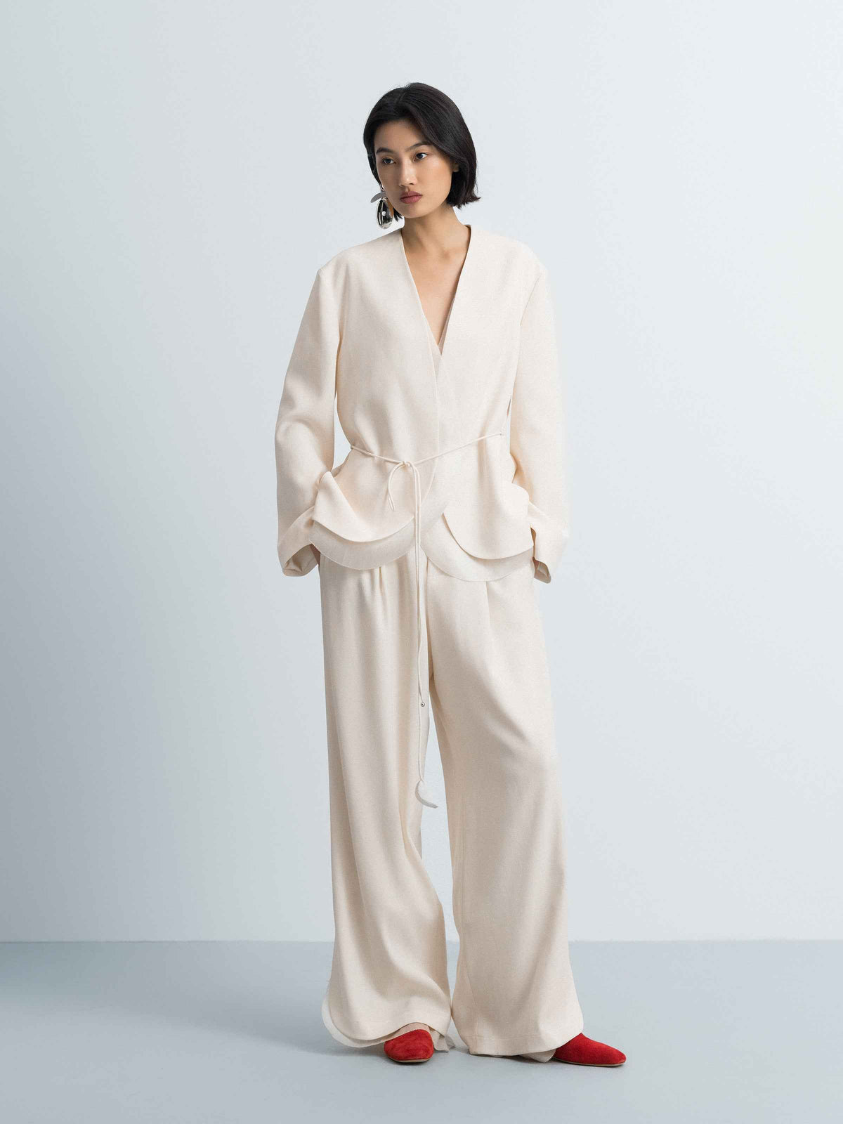 Cream White Triacetate Organza Mesh Wide-Leg Trousers