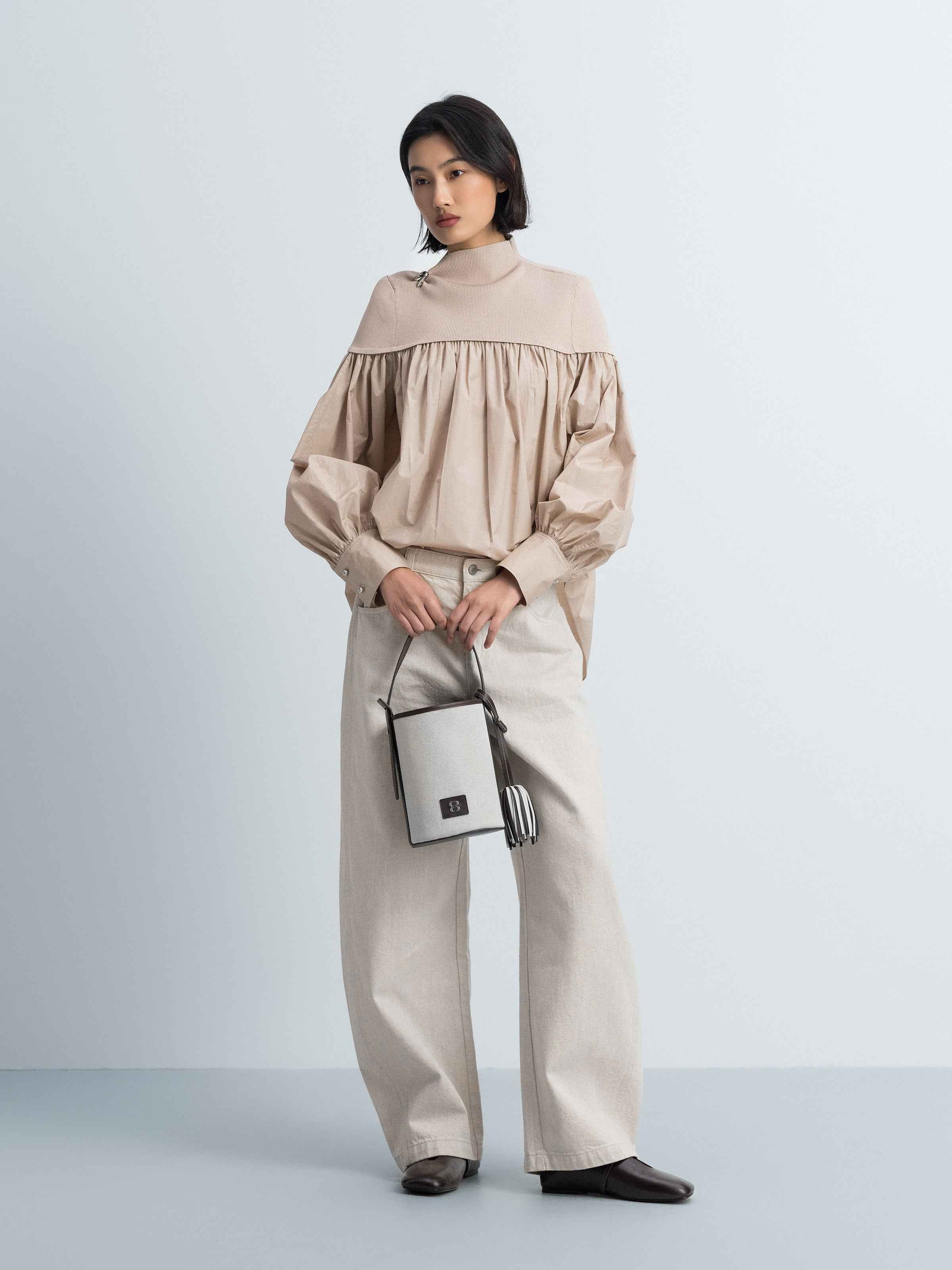 Beige Cotton Poly Viscose Spliced Ruched Long-Sleeve Top