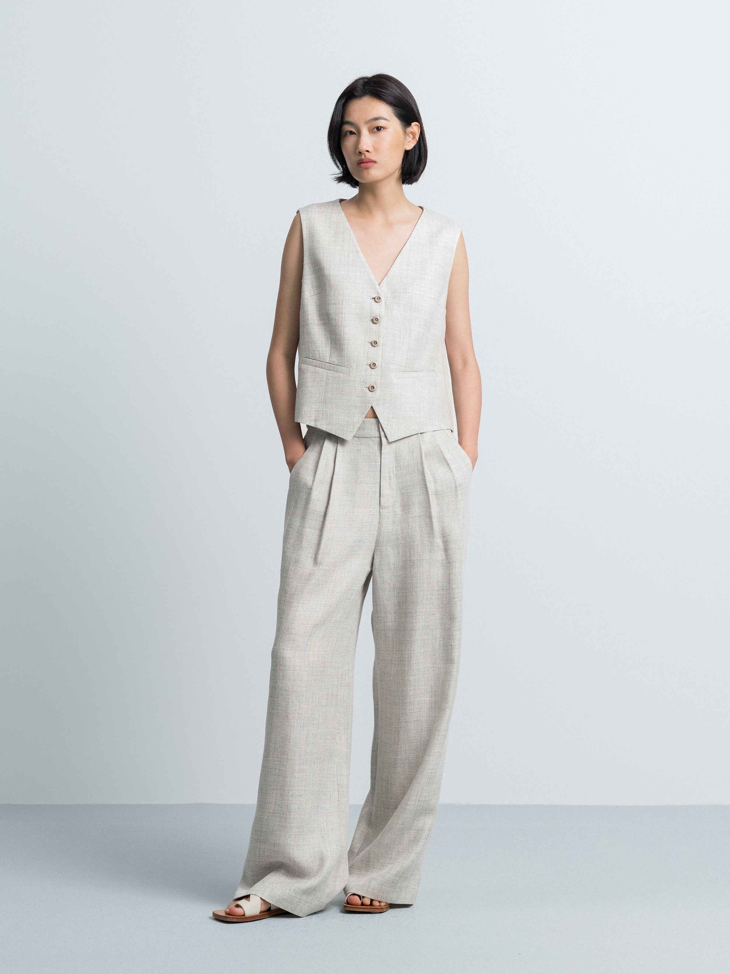 Light Gray Linen Viscose Double Pleat Wide-Leg Trousers