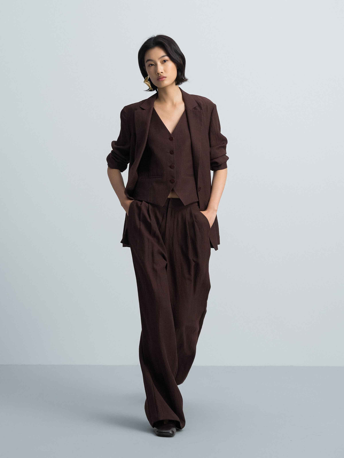 Coffee Brown Linen Blend Straight Notch Lapel Blazer