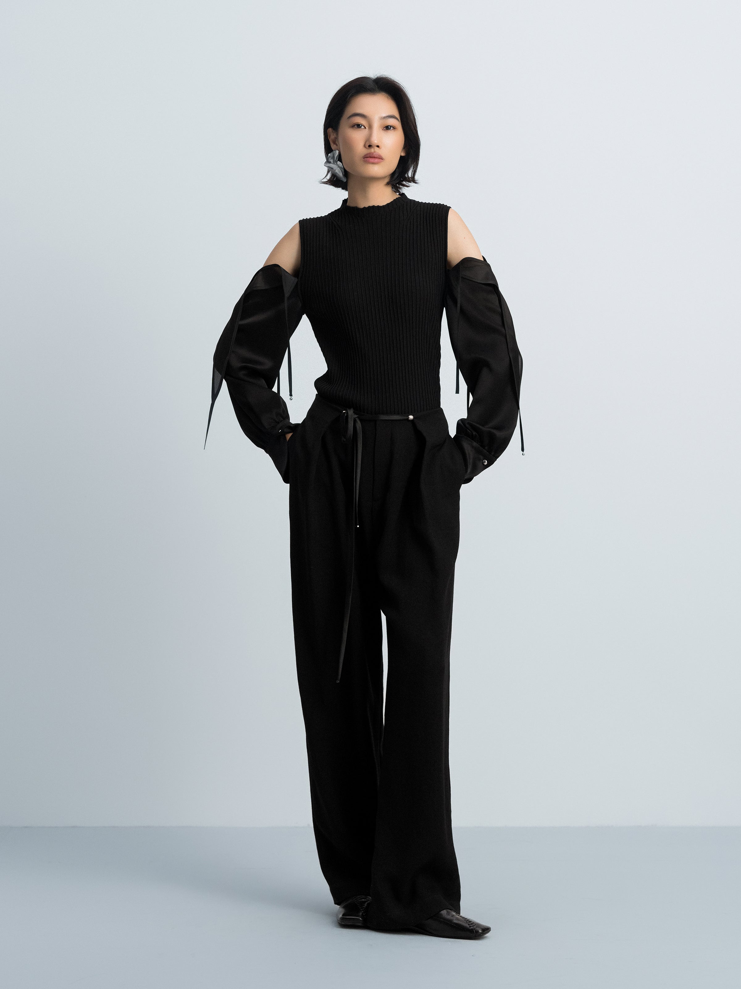 Black Viscose Satin Organza High Neck Slim Top