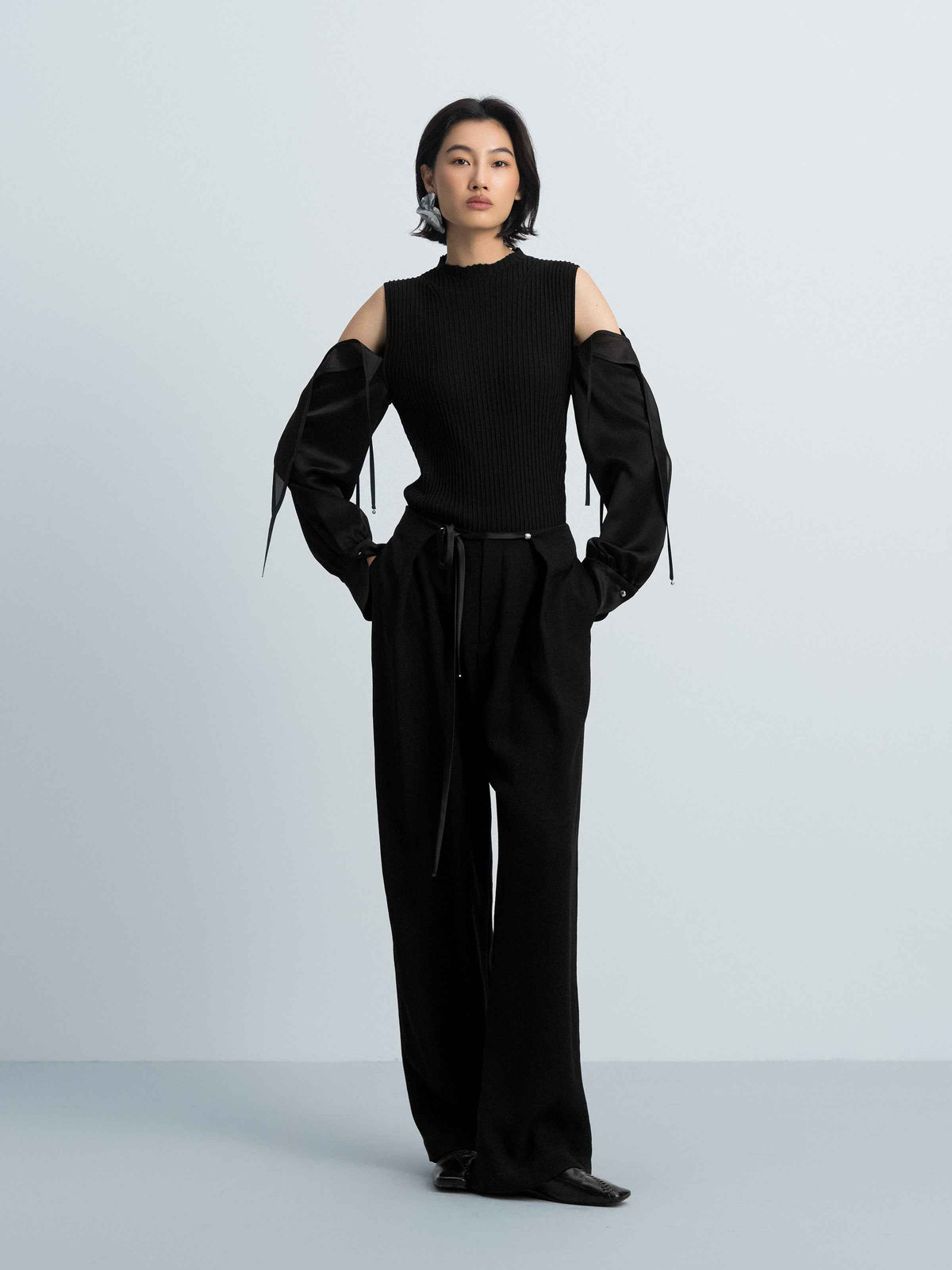 Black Viscose Satin Organza High Neck Slim Top
