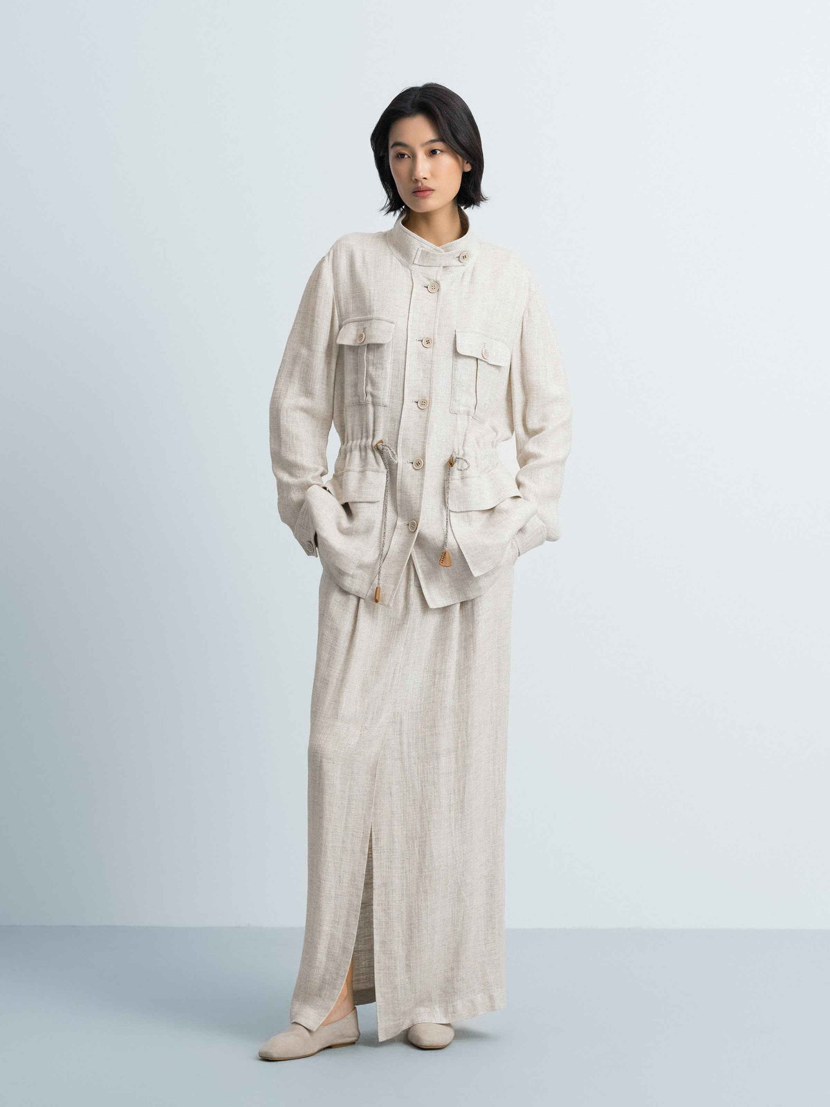 Beige Shimmering Linen Viscose Drawstring Stand Collar Jacket
