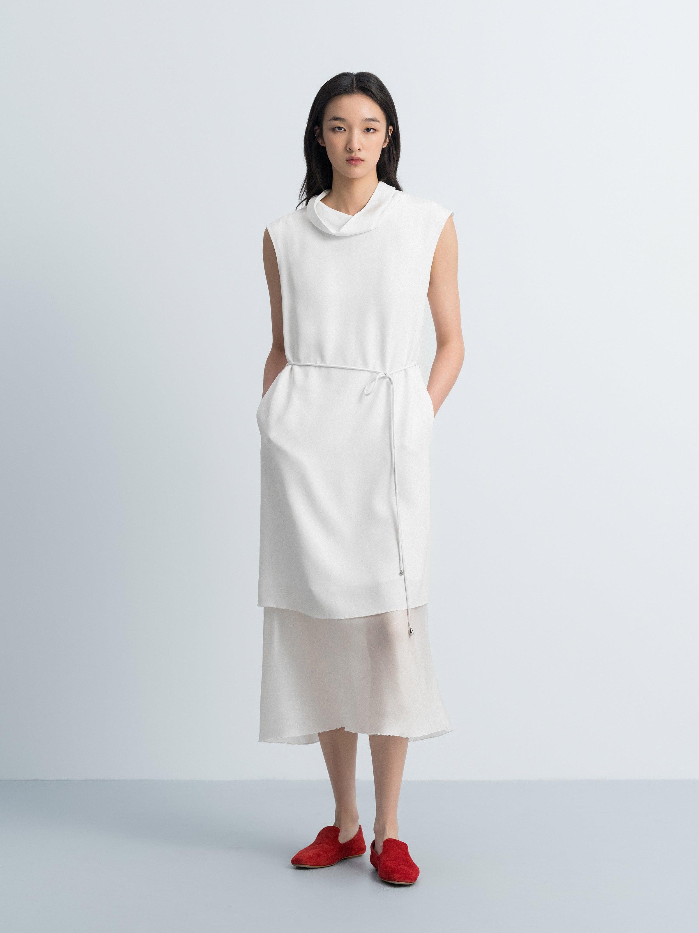 Cream White Mulberry Silk Draped Neck Sleeveless Dress