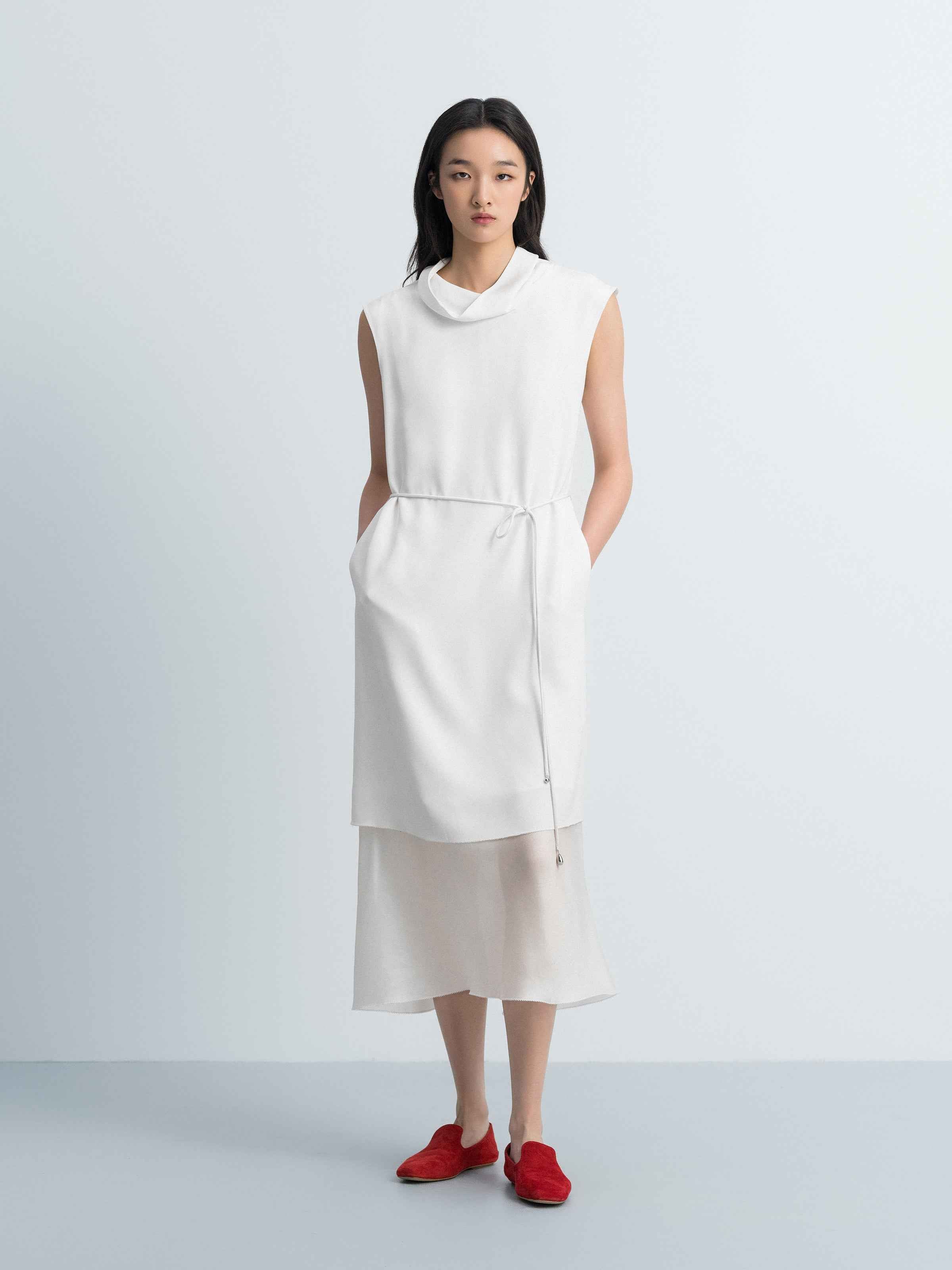 Cream White Mulberry Silk Draped Neck Sleeveless Dress