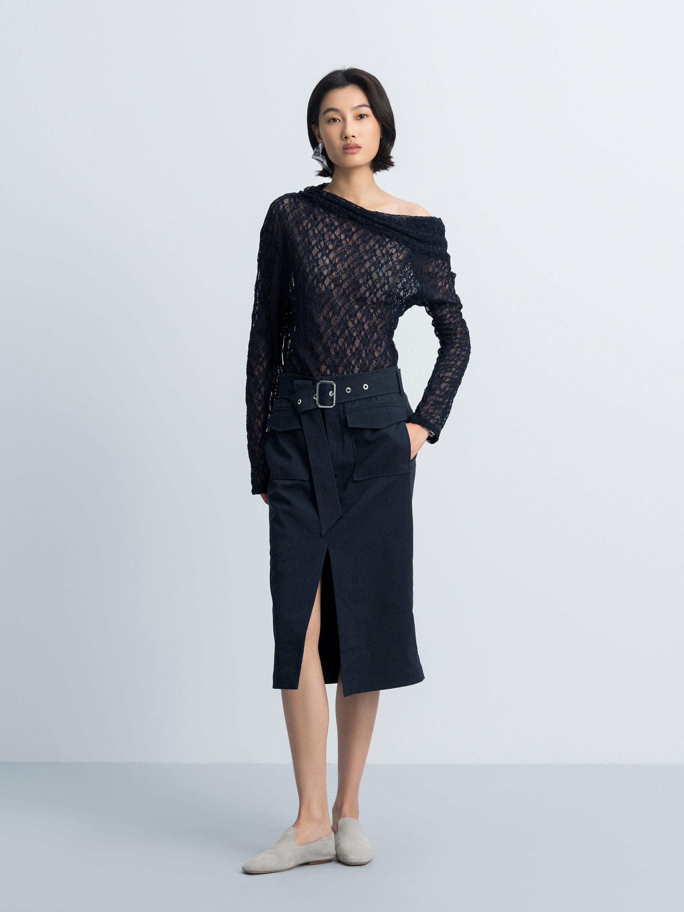 Navy Blue Stretch Lace One-Shoulder Fitted Long-Sleeve Top