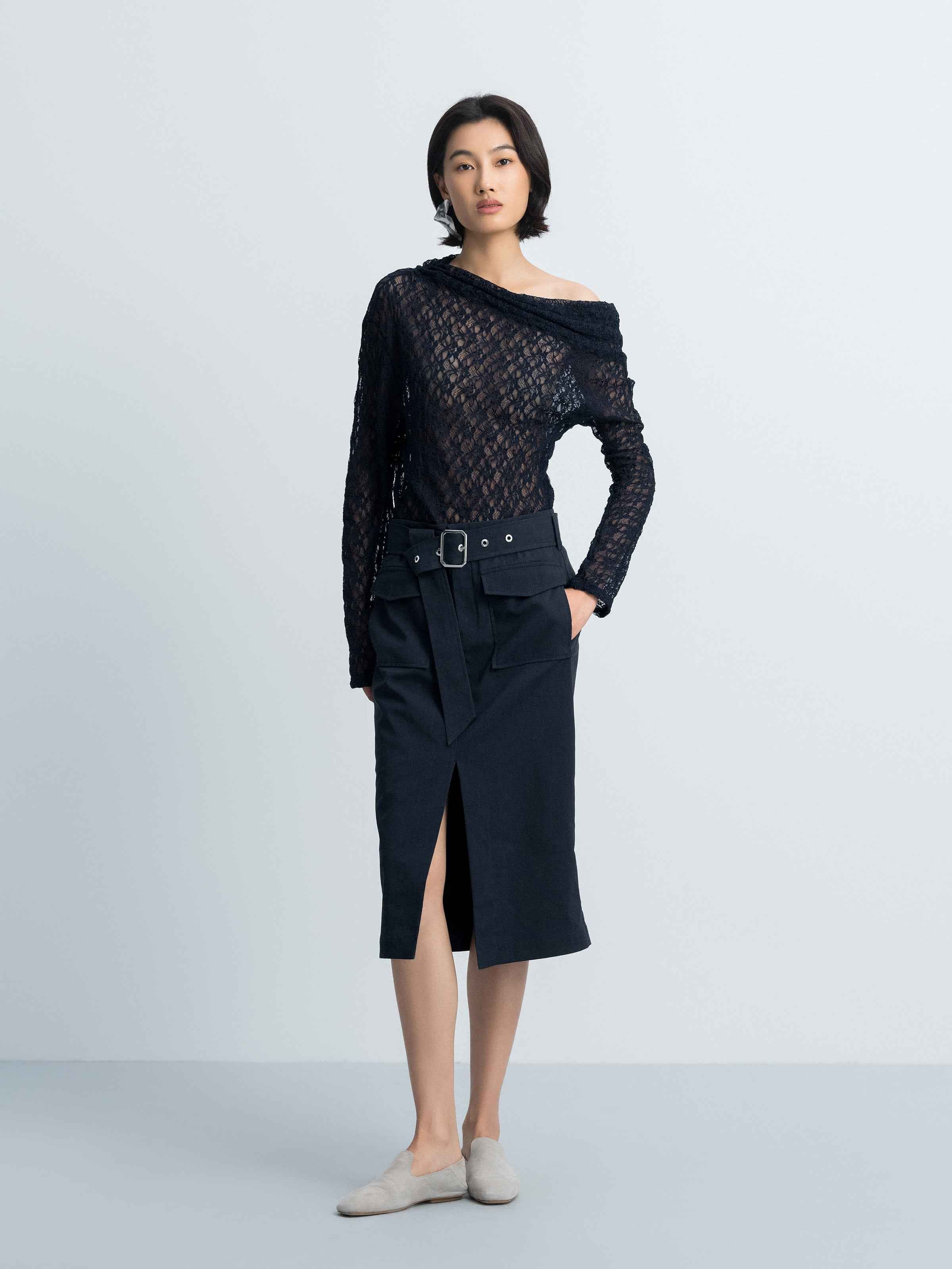 Navy Blue Stretch Lace One-Shoulder Fitted Long-Sleeve Top