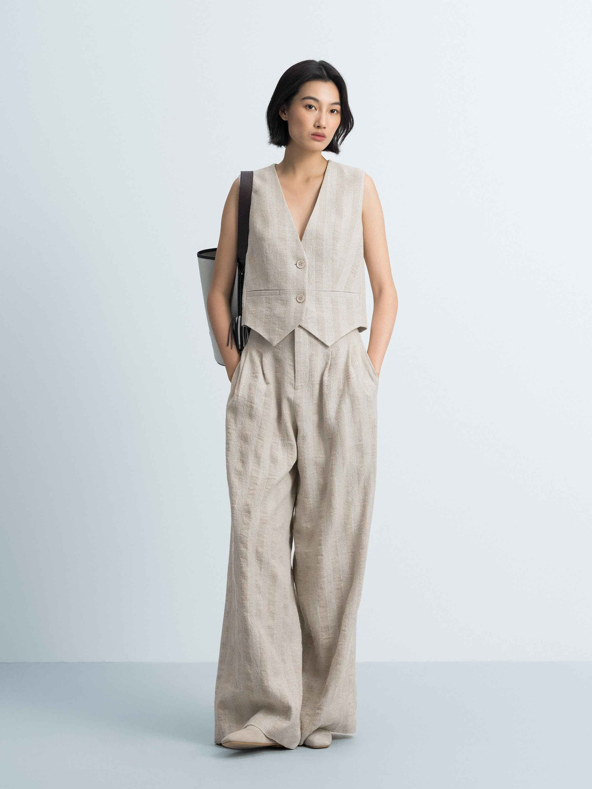 Beige Linen Cotton Striped V-Neck Triangular Hem Vest