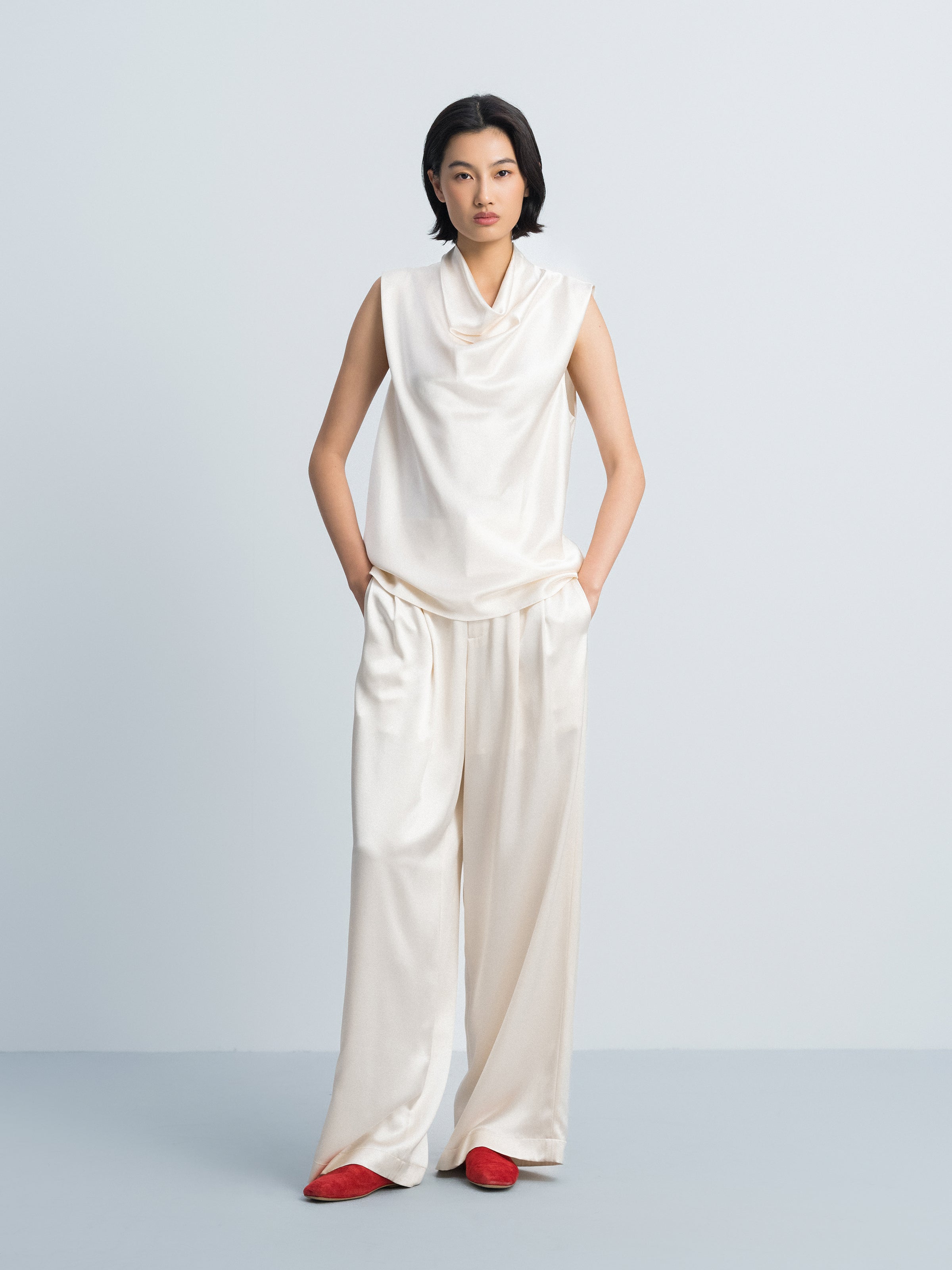 Beige Yellow Mulberry Silk Satin Double Pleat Wide-Leg Trousers
