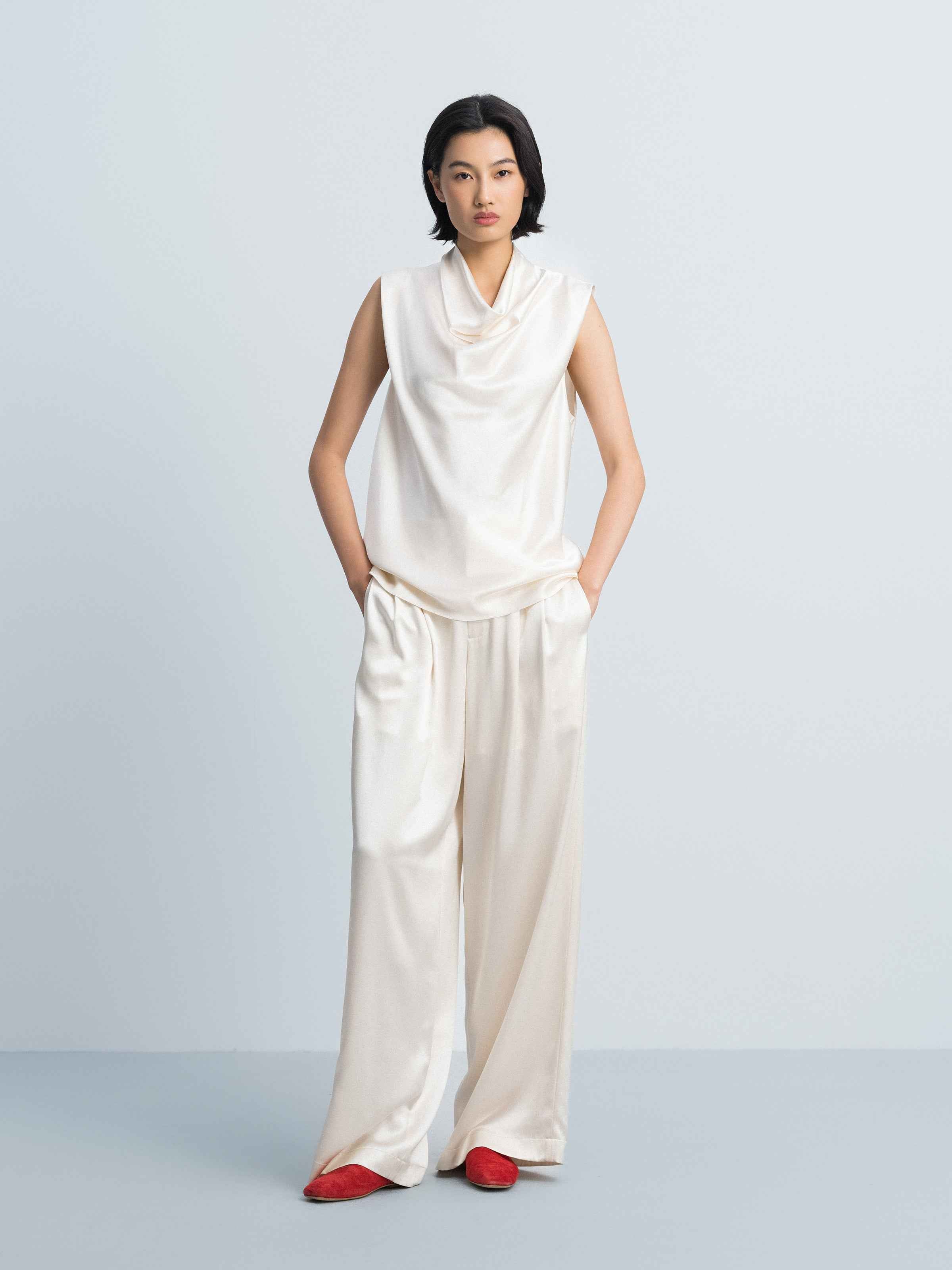 Beige Yellow Mulberry Silk Satin Double Pleat Wide-Leg Trousers