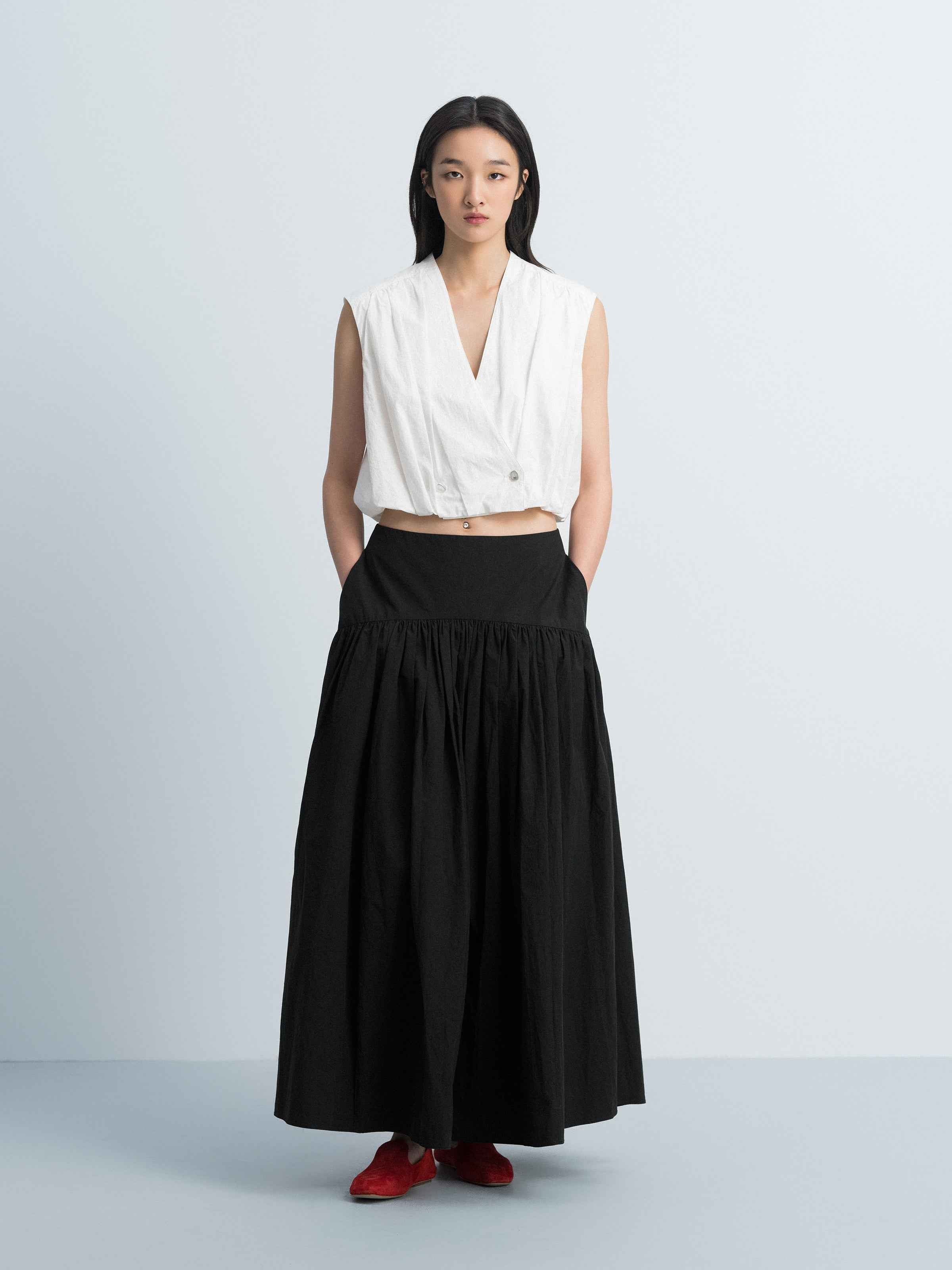 Off White Cotton Crinkle Cross Placket Sleeveless Shirt