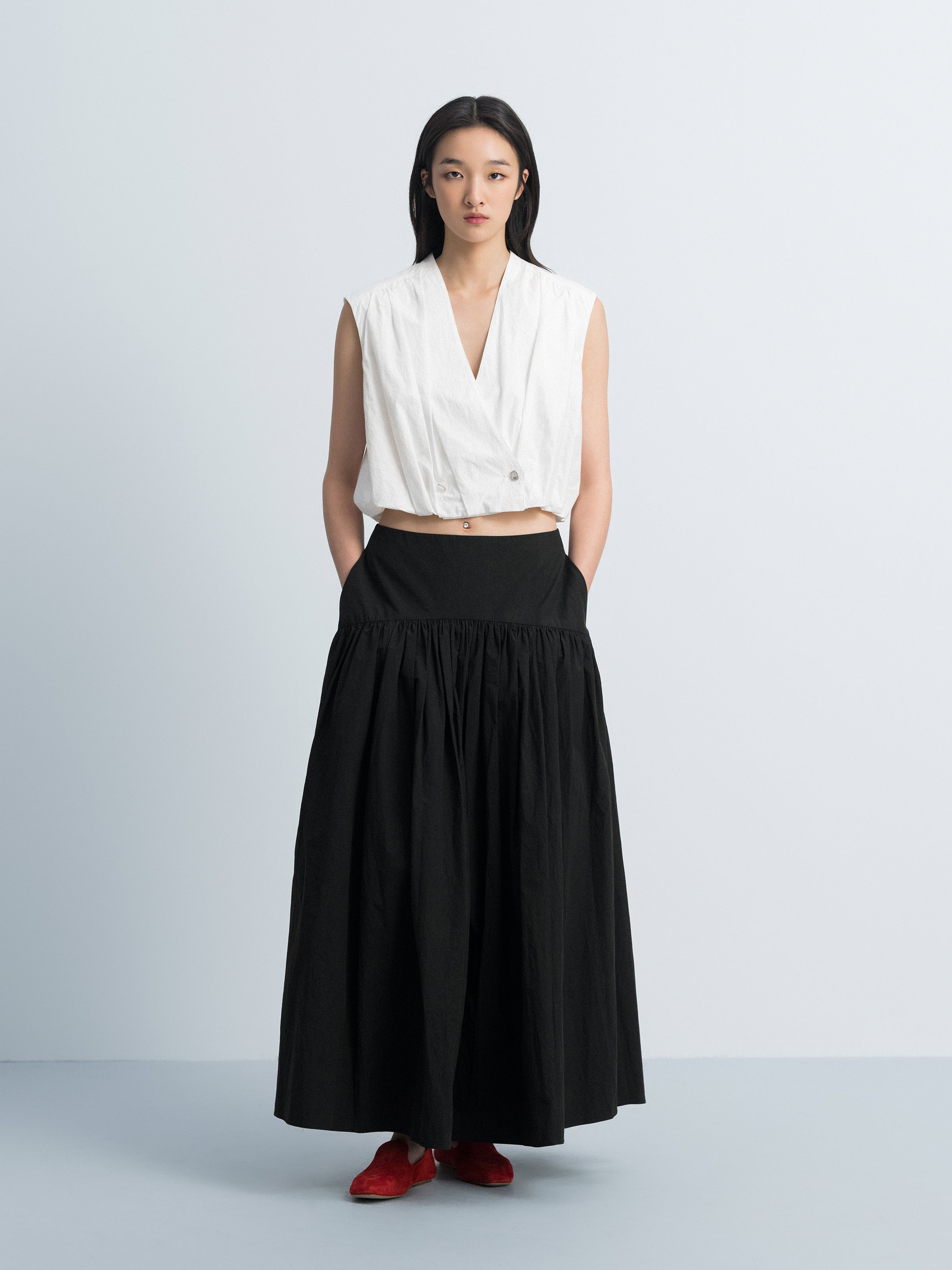 Off White Cotton Crinkle Cross Placket Sleeveless Shirt