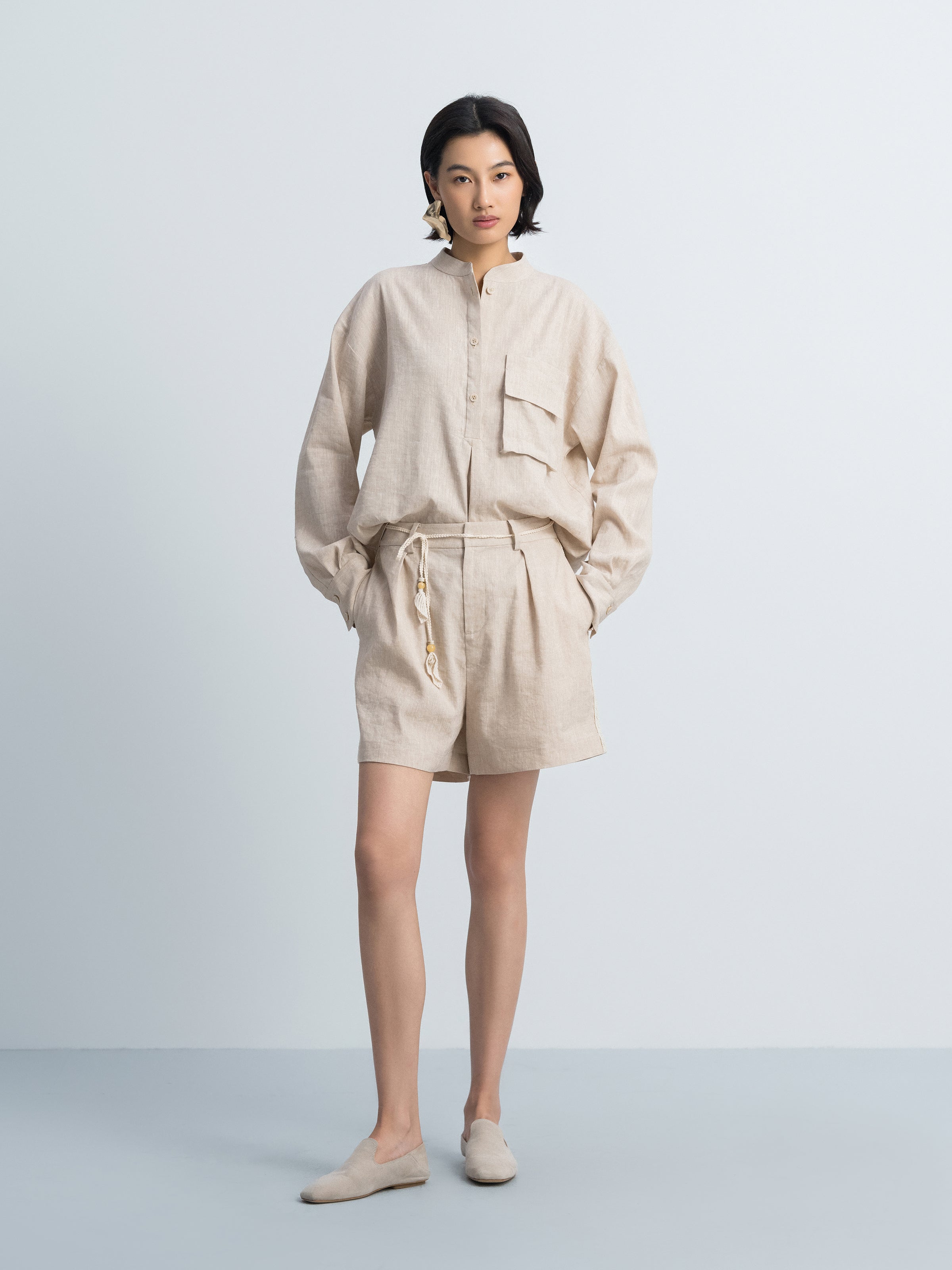Oatmeal Linen Blend Integrated Waist Wide-Leg Shorts