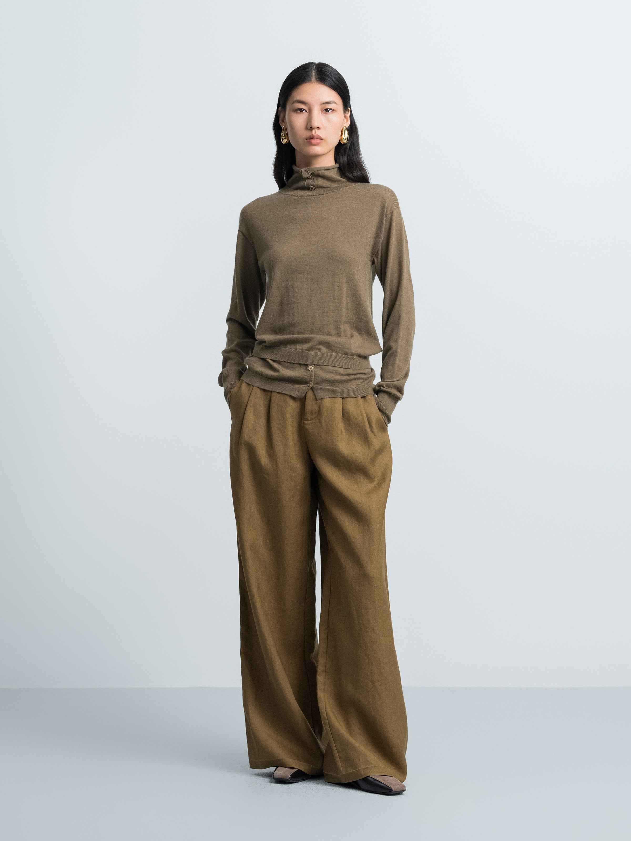 Semi‑placket High‑neck Knit Base Layer