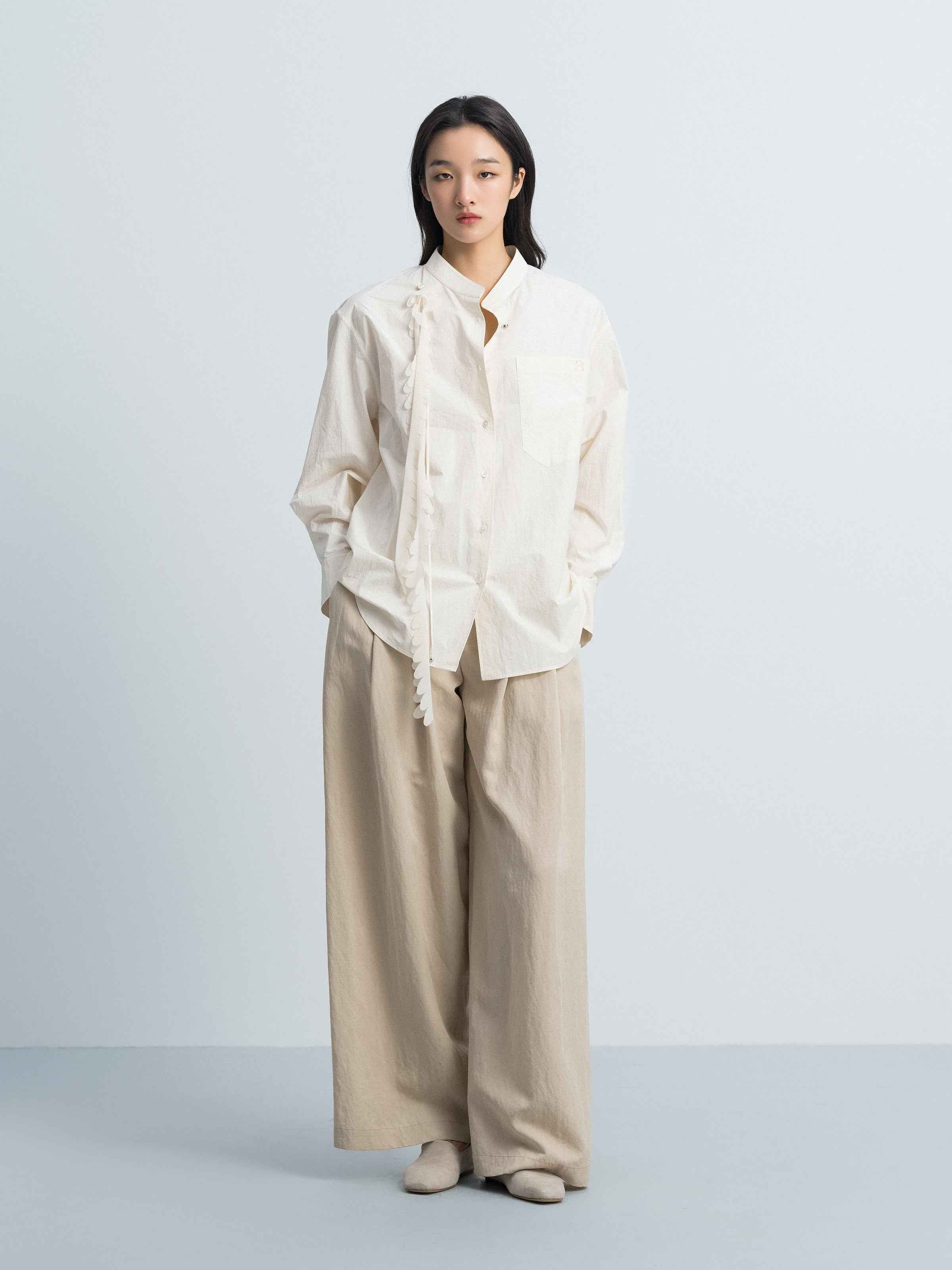Cream White Washed Pima Cotton Stand Collar Detachable Shirt