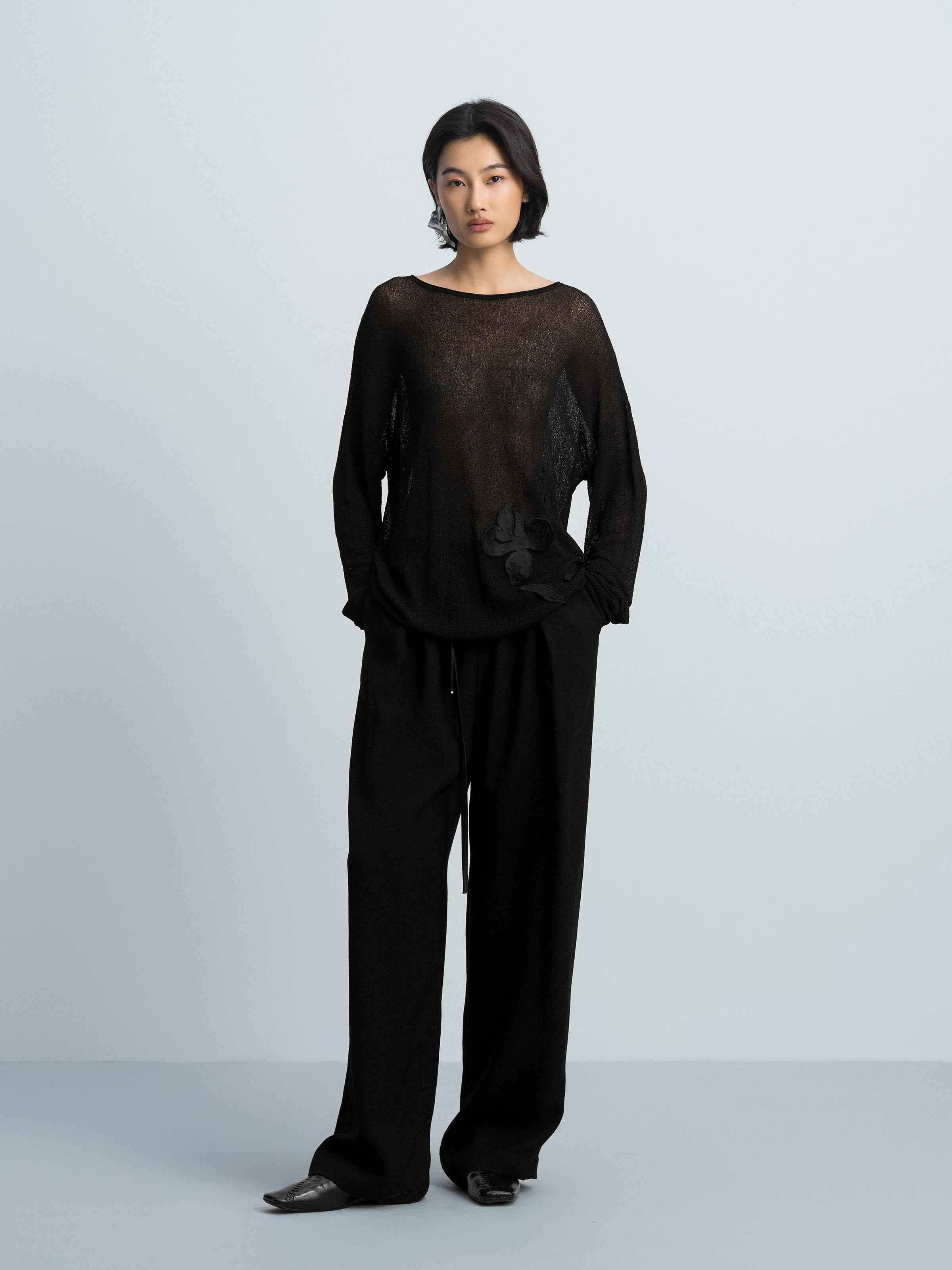 Black Italian Viscose Boat Neck Floral Knit Pullover