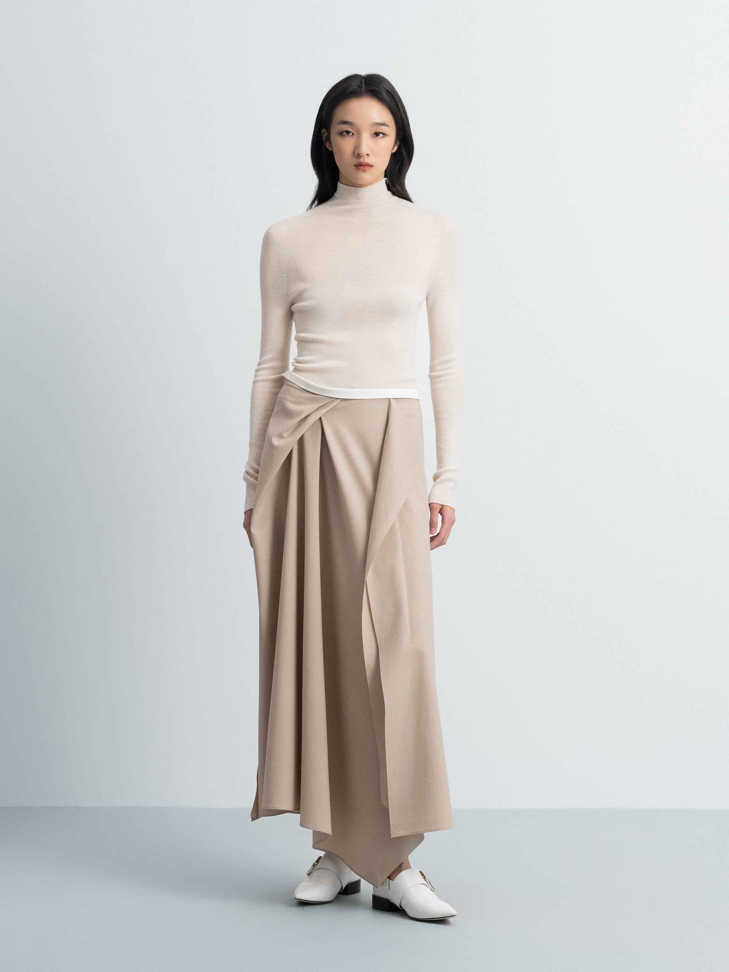 Light Khaki Worsted Wool A-Line Front Pleat Skirt