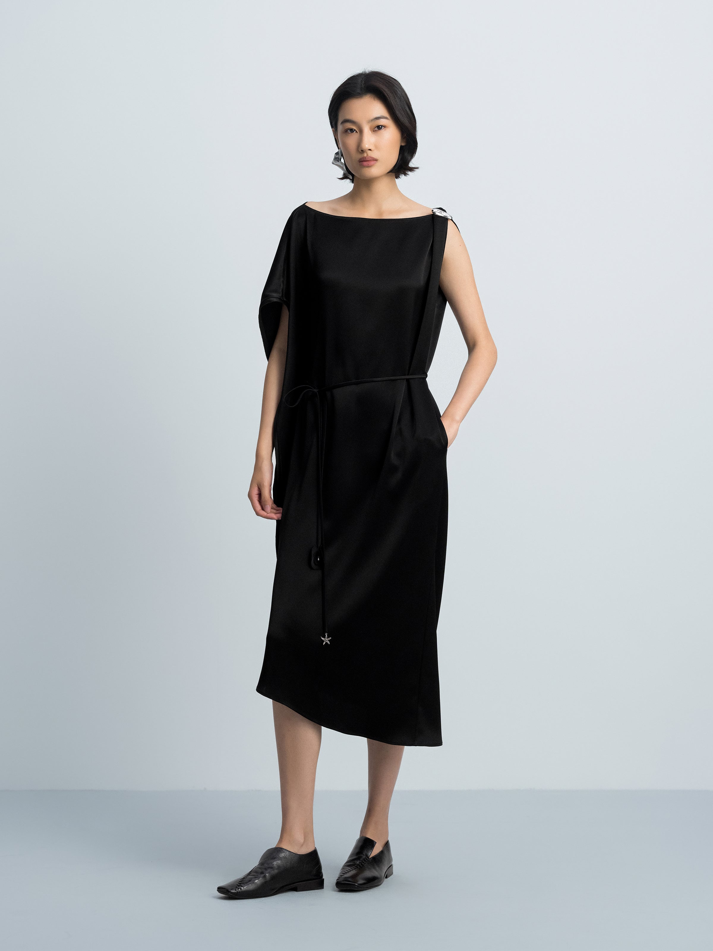Black Acetate Satin Boat Neck Asymmetric Sleeve Dress