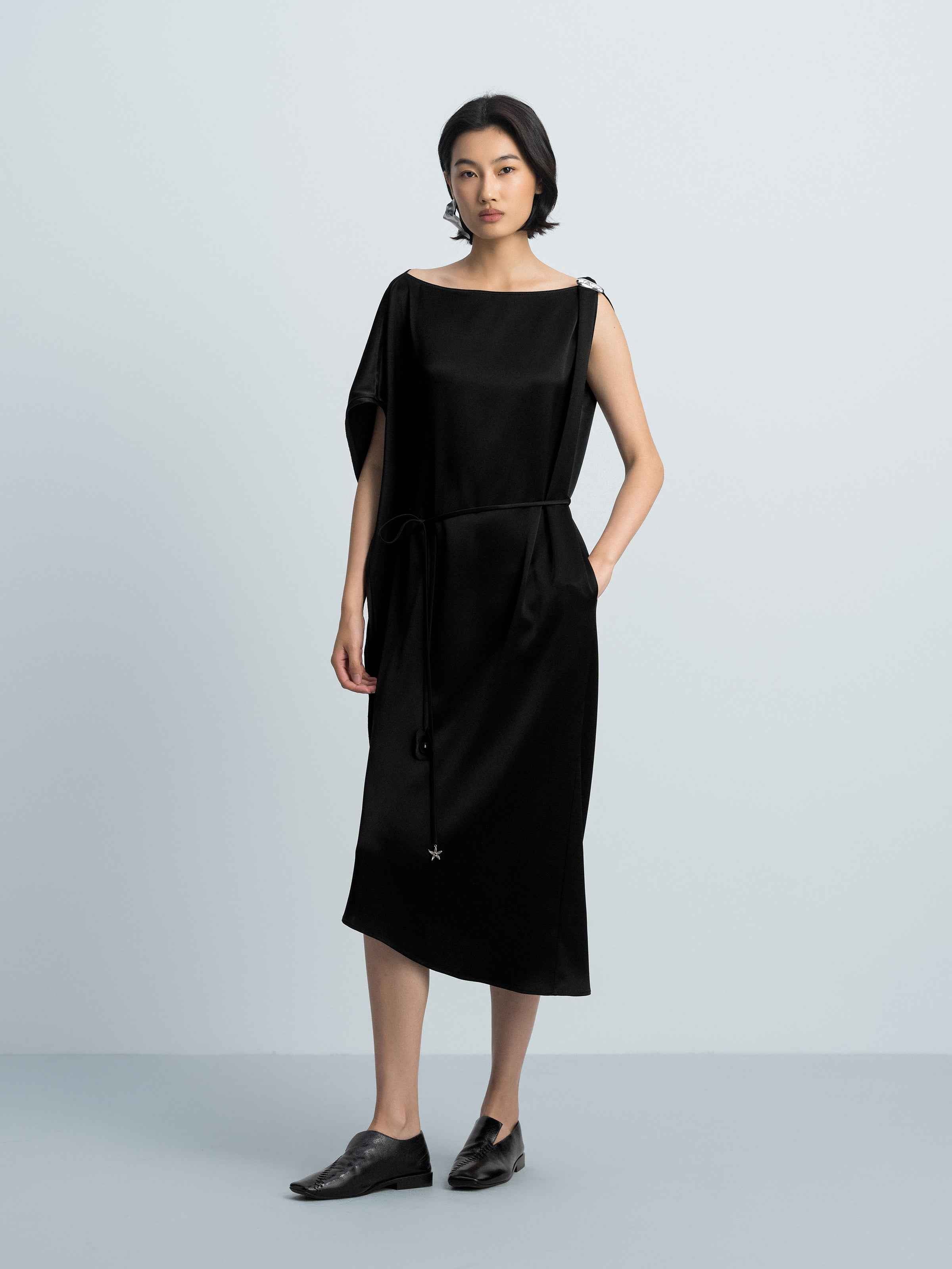 Black Acetate Satin Boat Neck Asymmetric Sleeve Dress