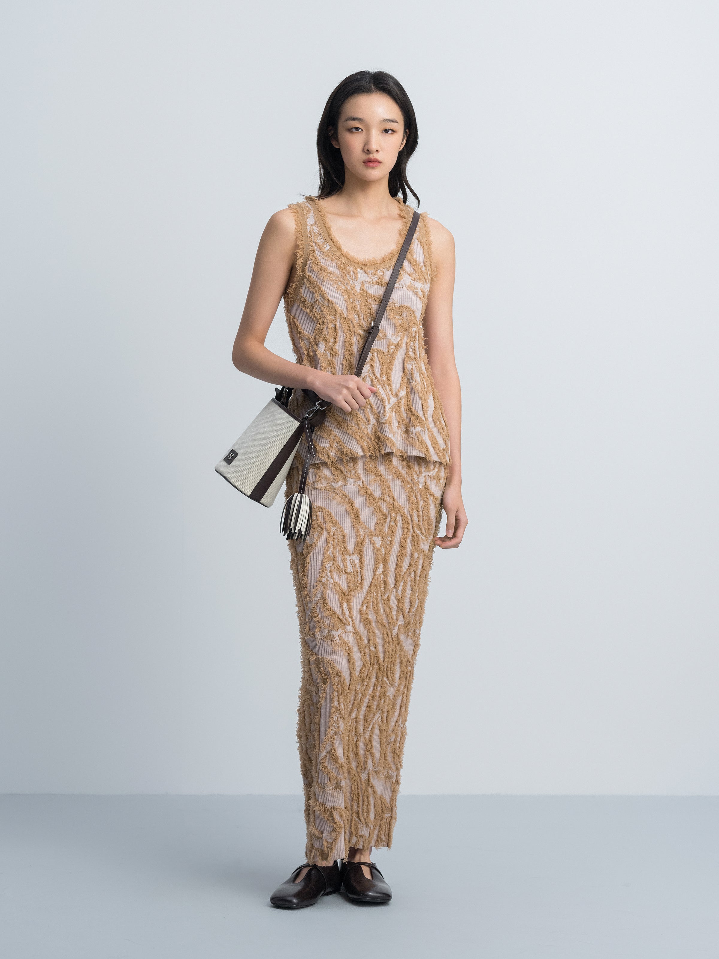 Pattern Merino Wool Fringe Jacquard U Neck Knit Vest