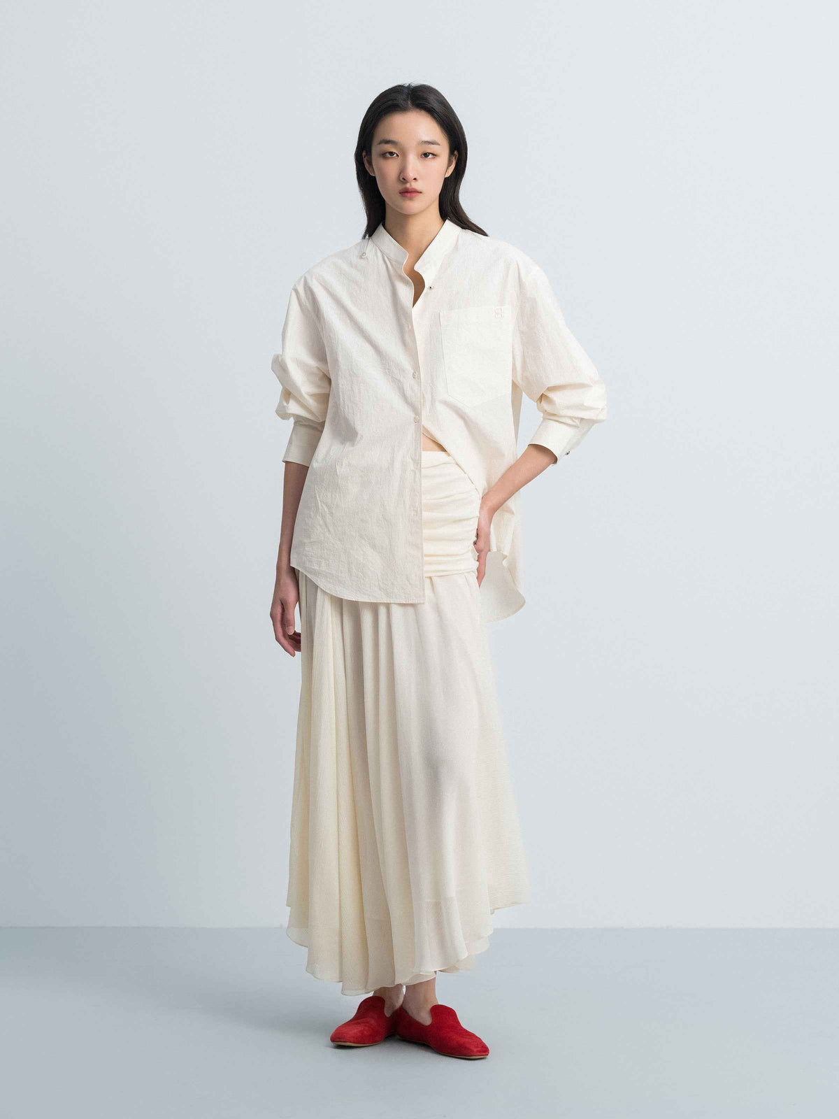 Cream White Silk Blend Gathered Waist Ruched Long Skirt