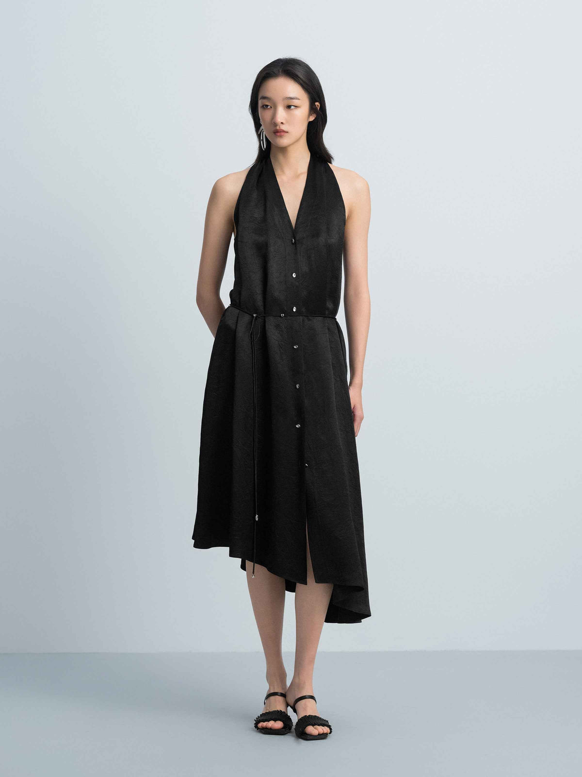 Black Acetate Satin Halter V-Neck Belt Waist Sleeveless Dress