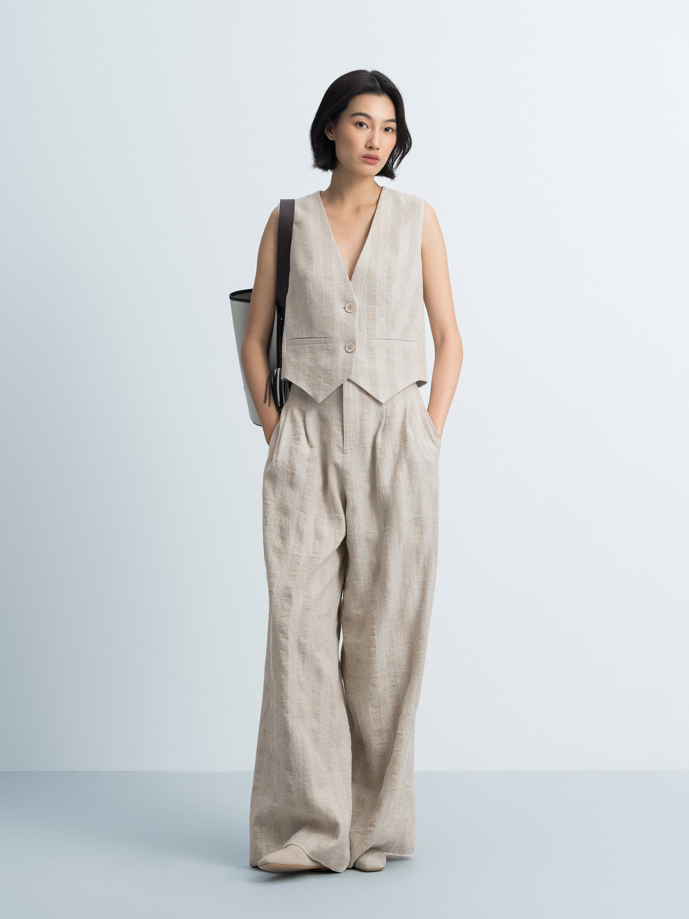 Beige Linen Cotton Striped Relaxed Wide-Leg Trousers