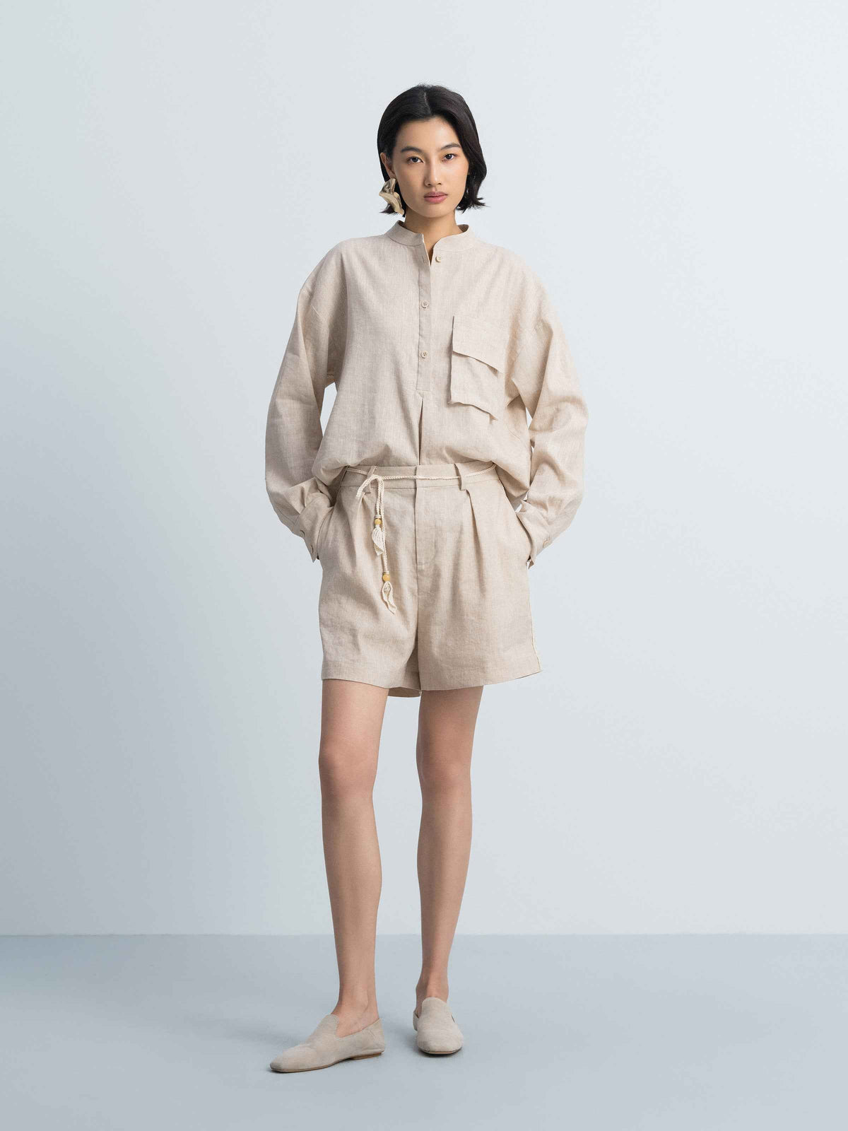 Light Khaki Linen Stand Collar 3D Pocket Long-Sleeve Shirt