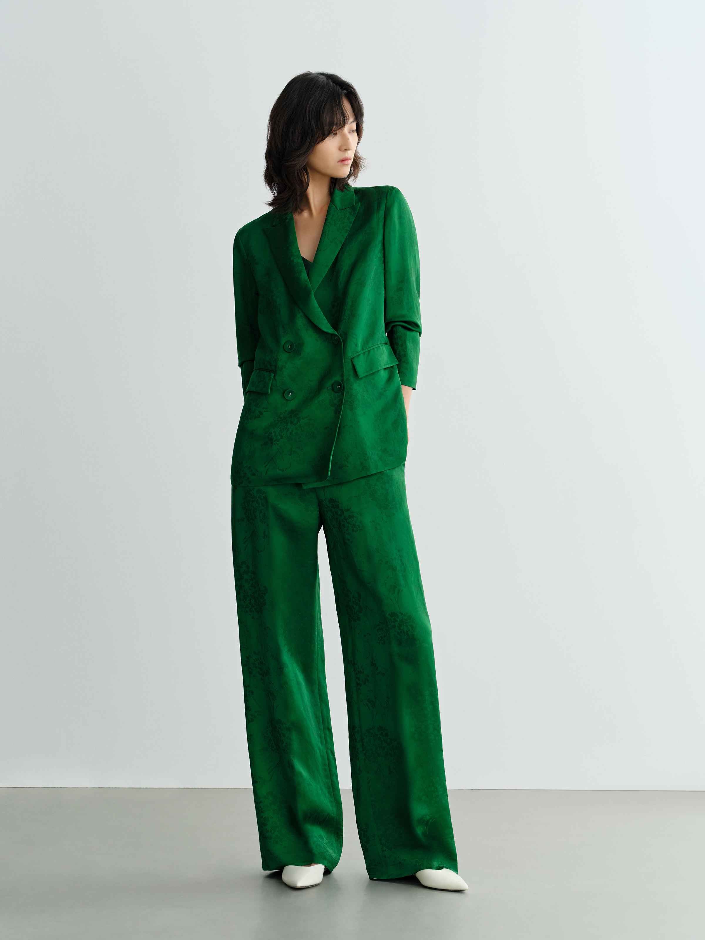 Green Mulberry Silk Jacquard Double Breasted Straight Blazer