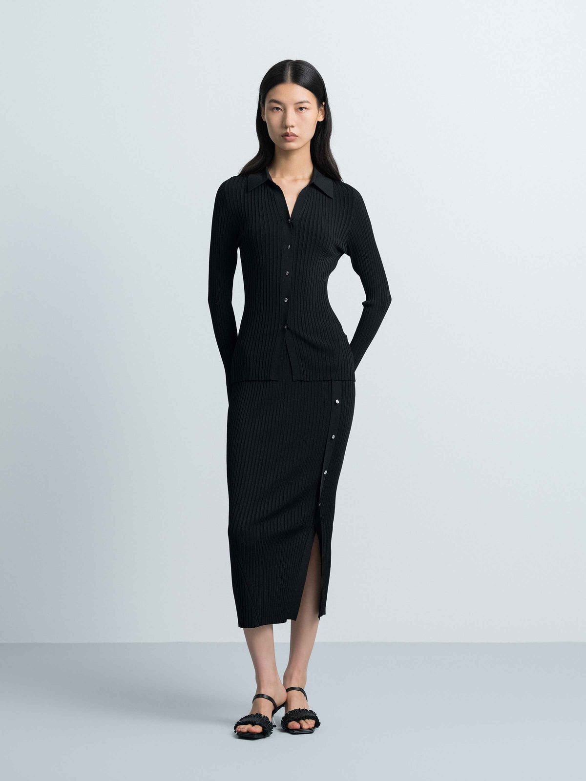 Black Viscose Blend Straight Asymmetric Slit Midi Skirt