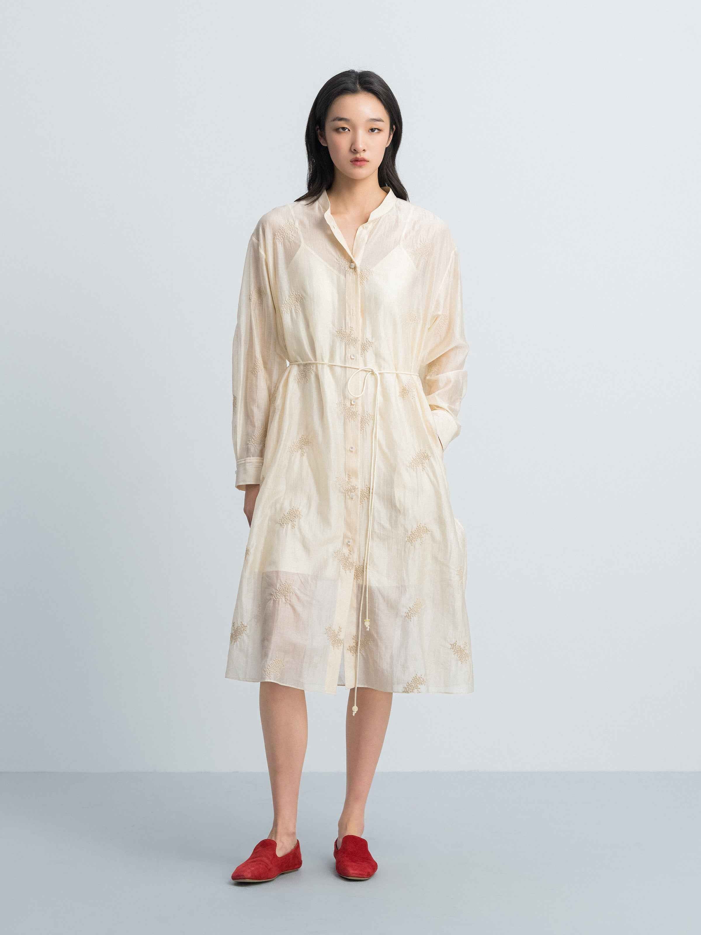 Beige Yellow Lyocell Blend Stand Collar Belt Waist Dress