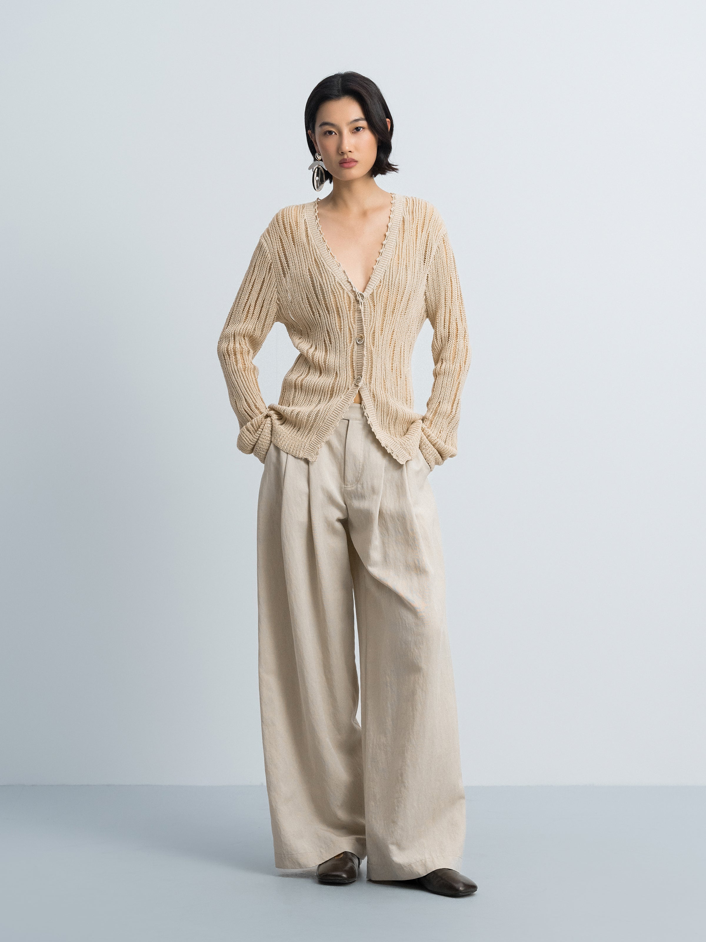 Light Khaki Openwork Floral Placket V-Neck Knit Cardigan