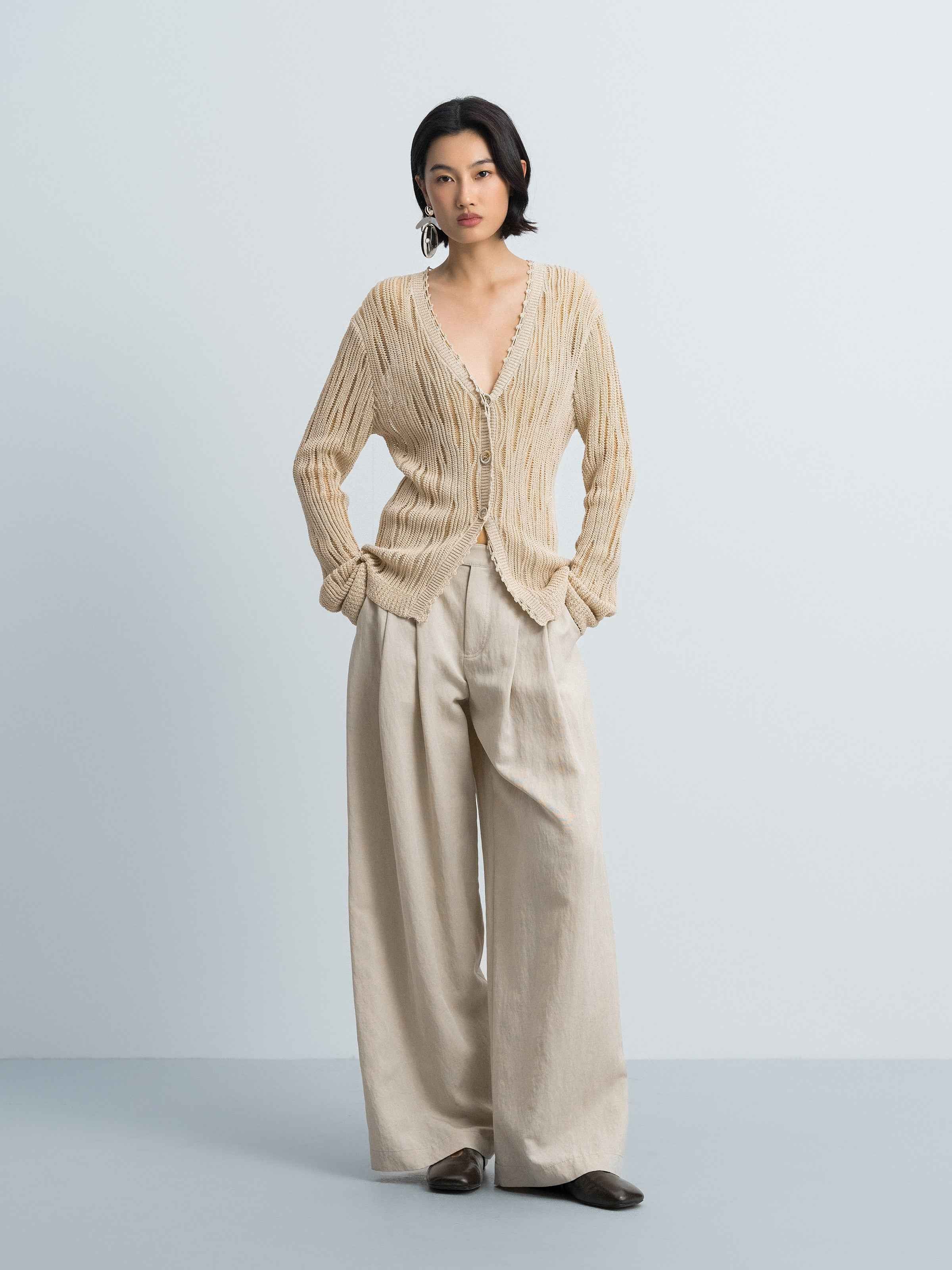 Light Khaki Openwork Floral Placket V-Neck Knit Cardigan