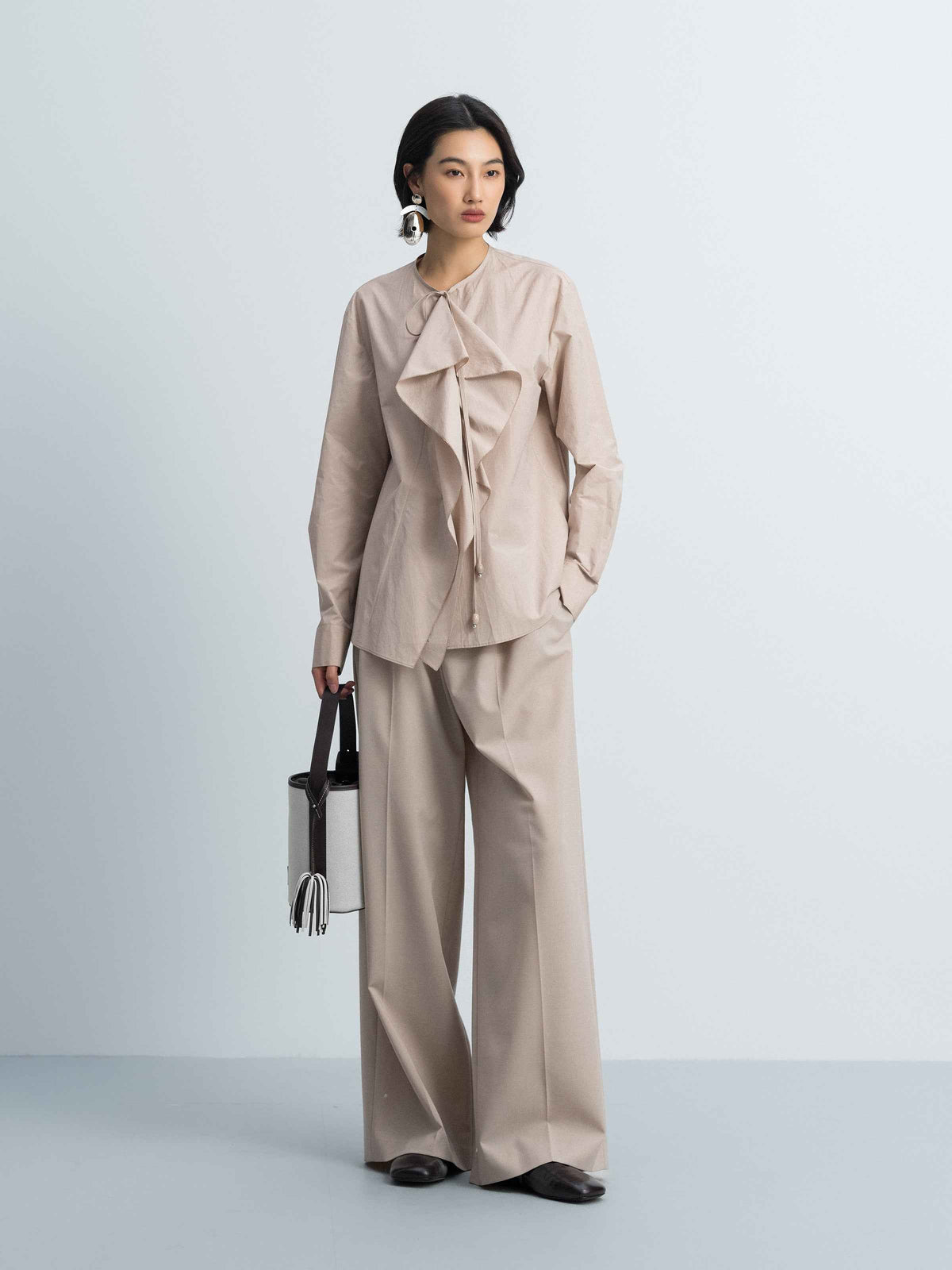 Light Khaki Worsted Wool Double Pleat Wide-Leg Trousers