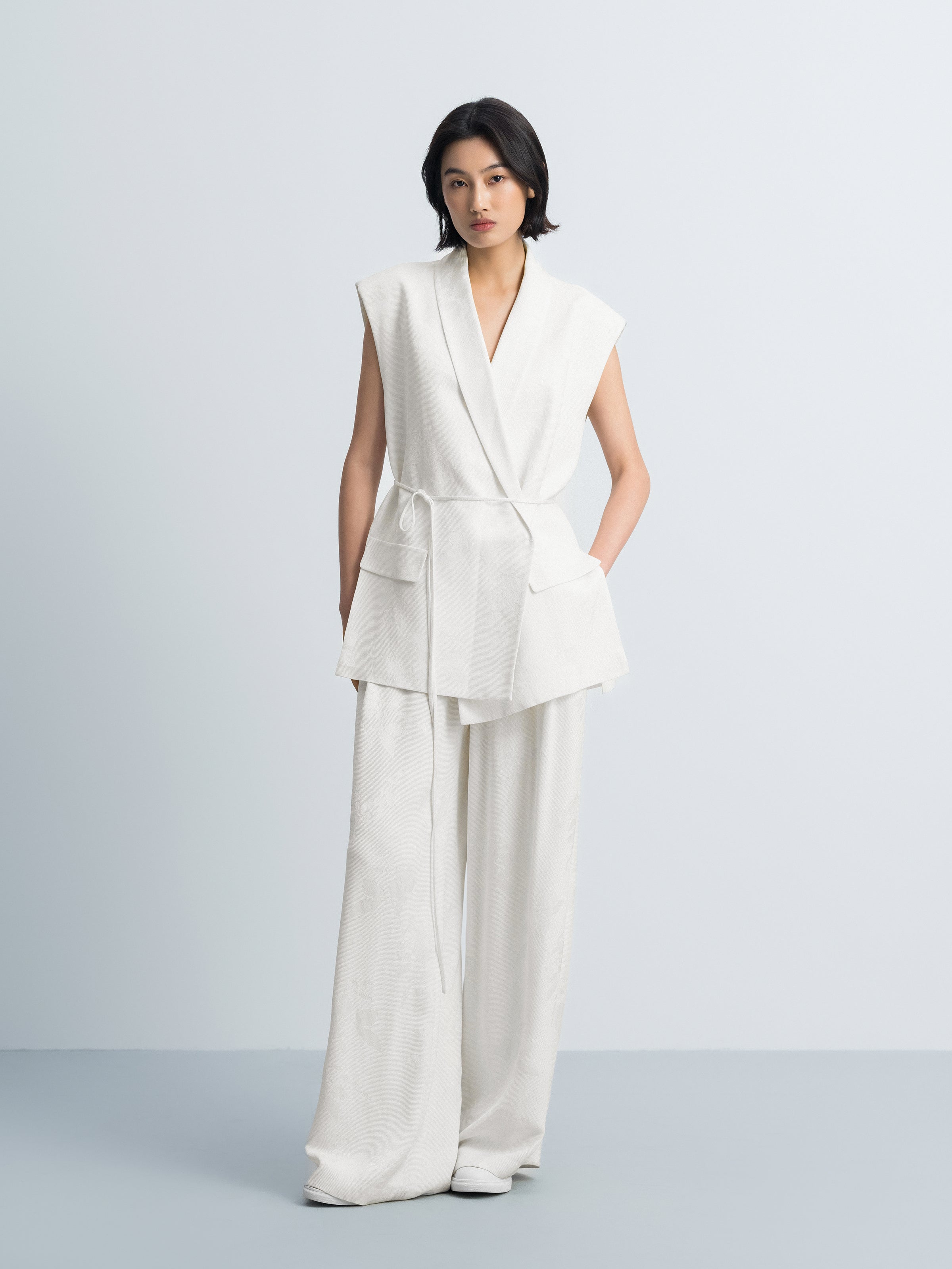 Cream White Rayon Jacquard High-Waist Wide-Leg Trousers