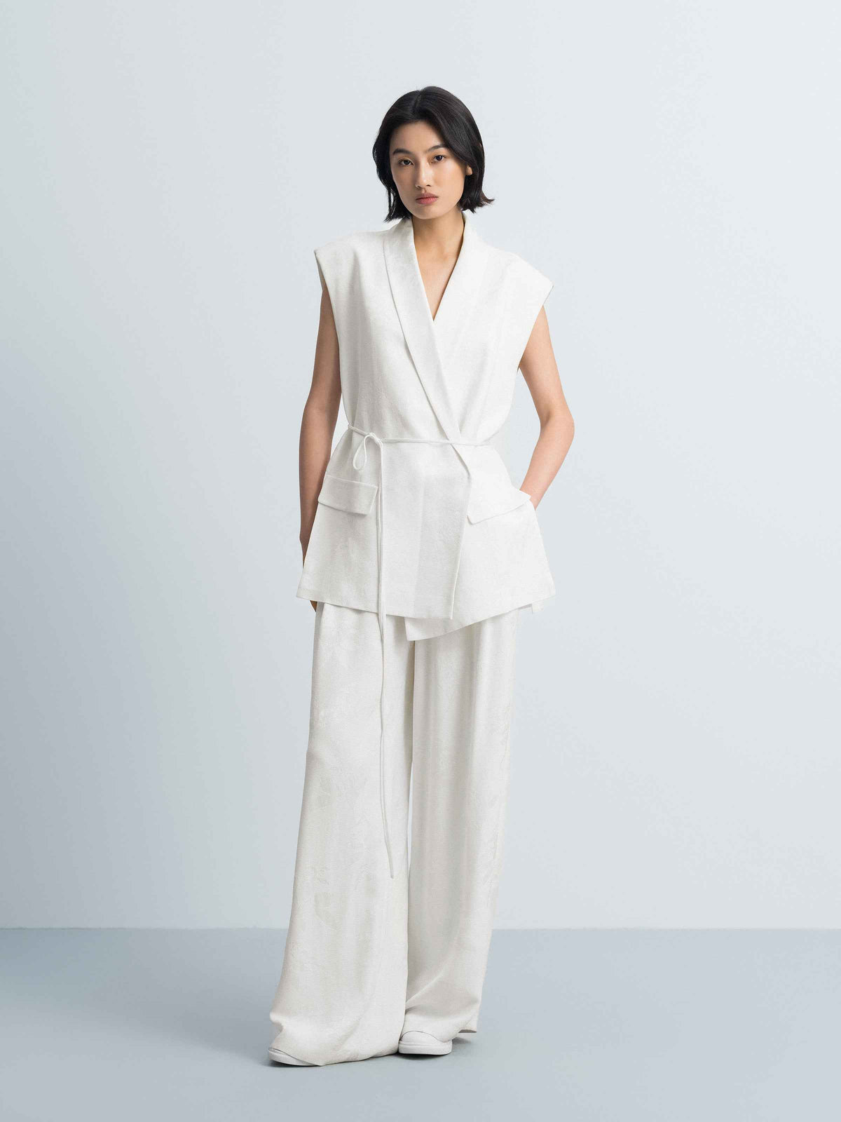Cream White Rayon Jacquard High-Waist Wide-Leg Trousers