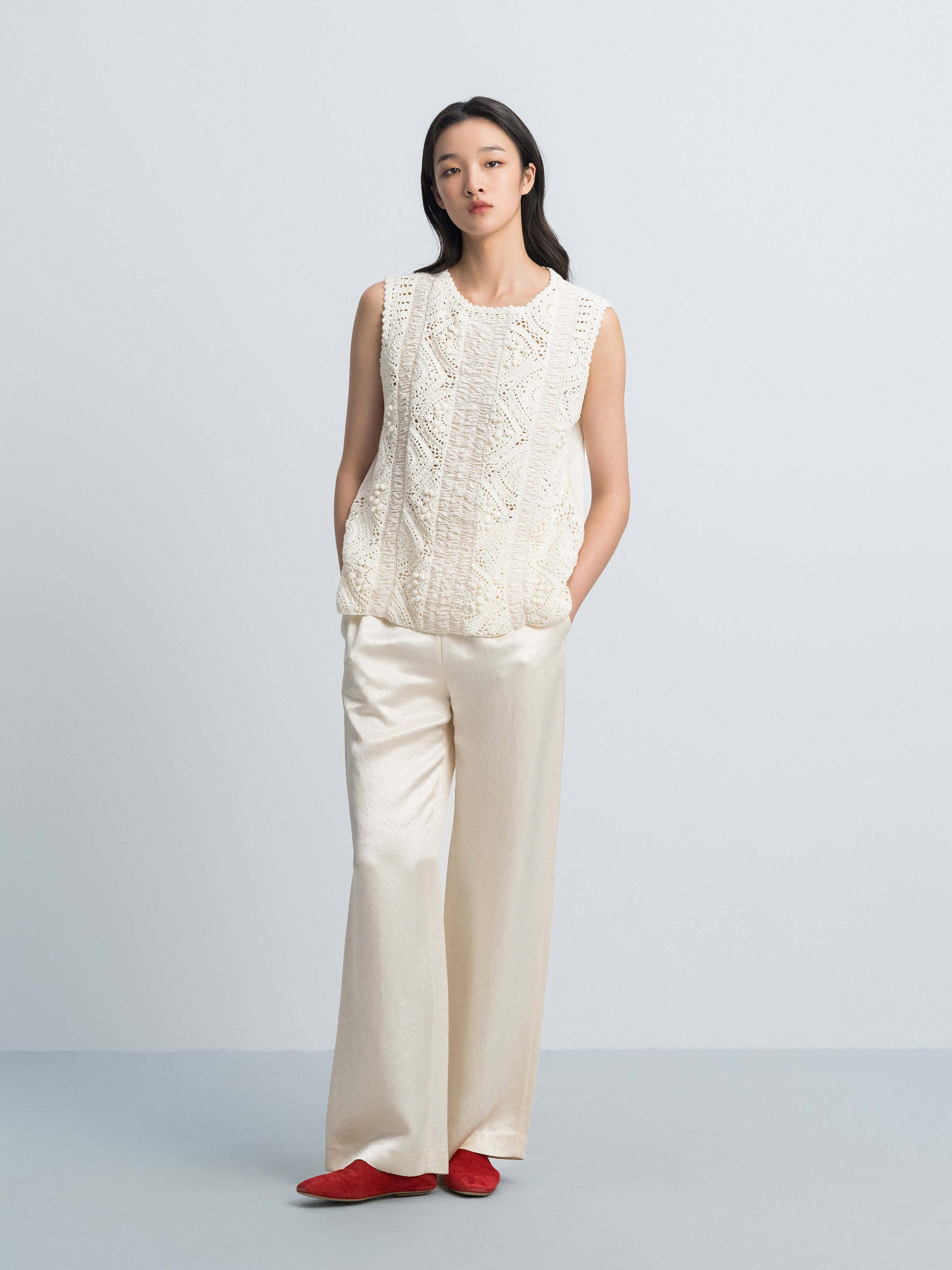 Cream White Pima Cotton Crocheted Flower Straight Sleeveless Top