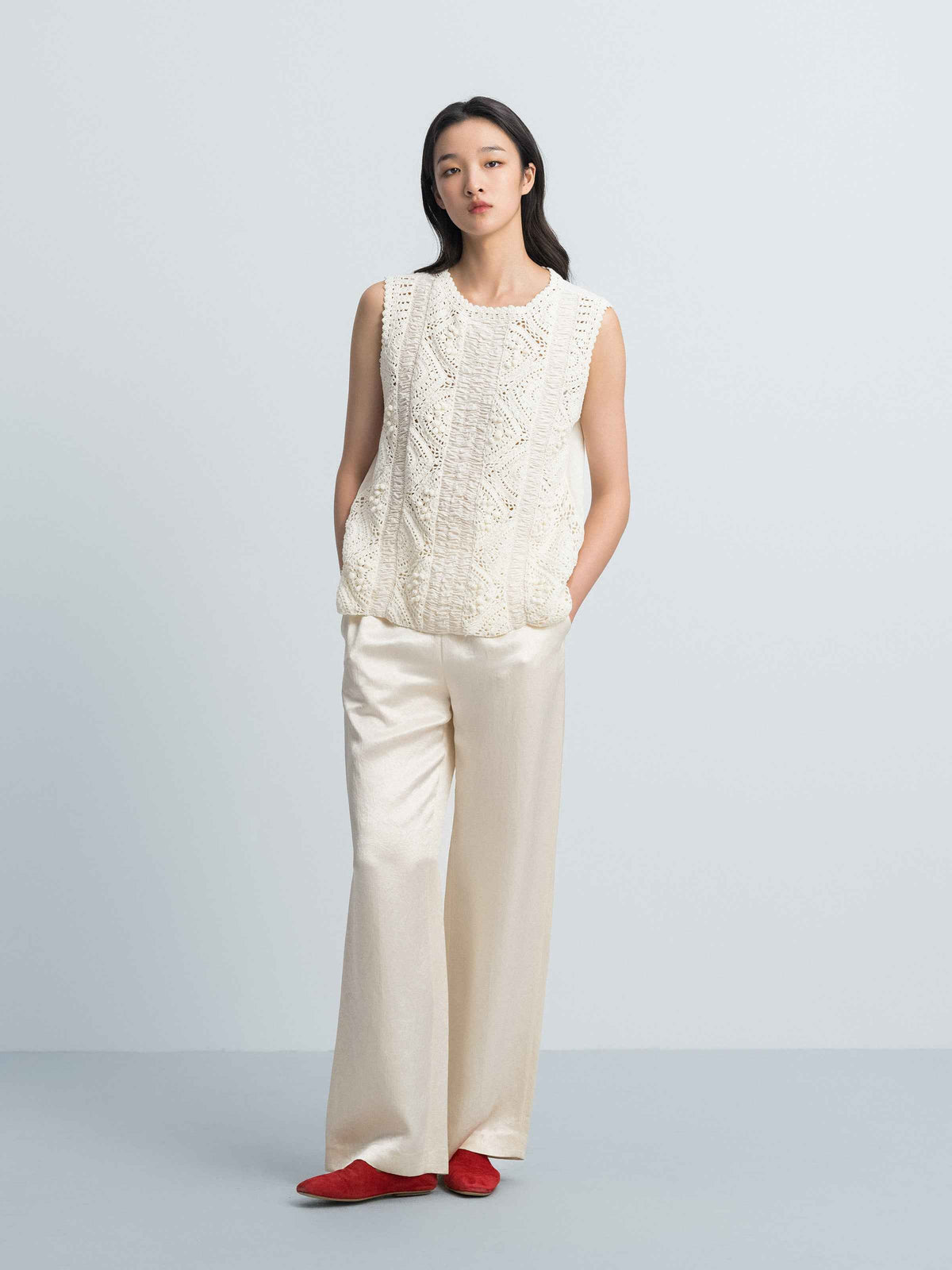 Cream White Pima Cotton Crocheted Flower Straight Sleeveless Top