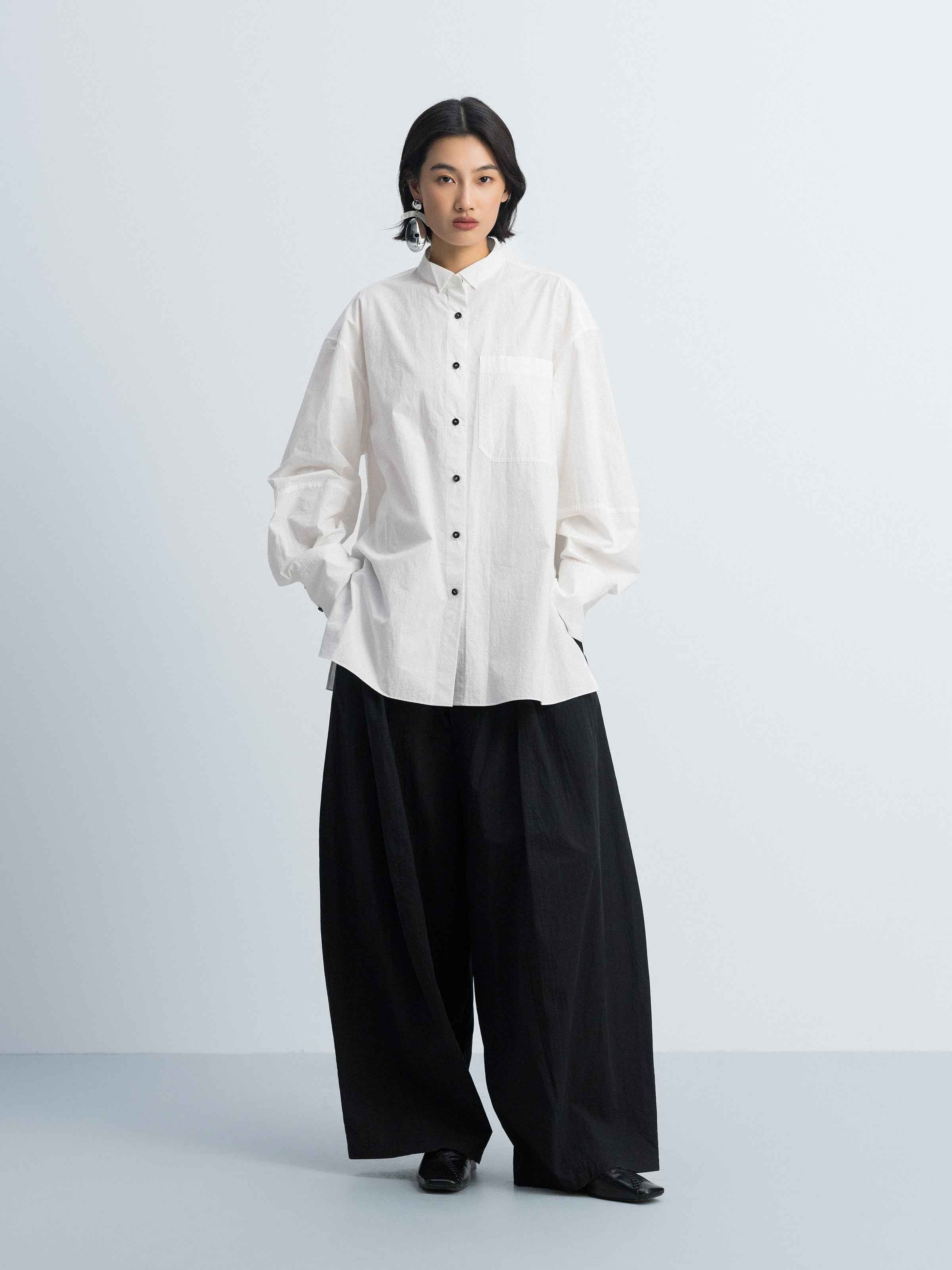 Off White Cotton Crinkle Contrast Button Side Slit Shirt
