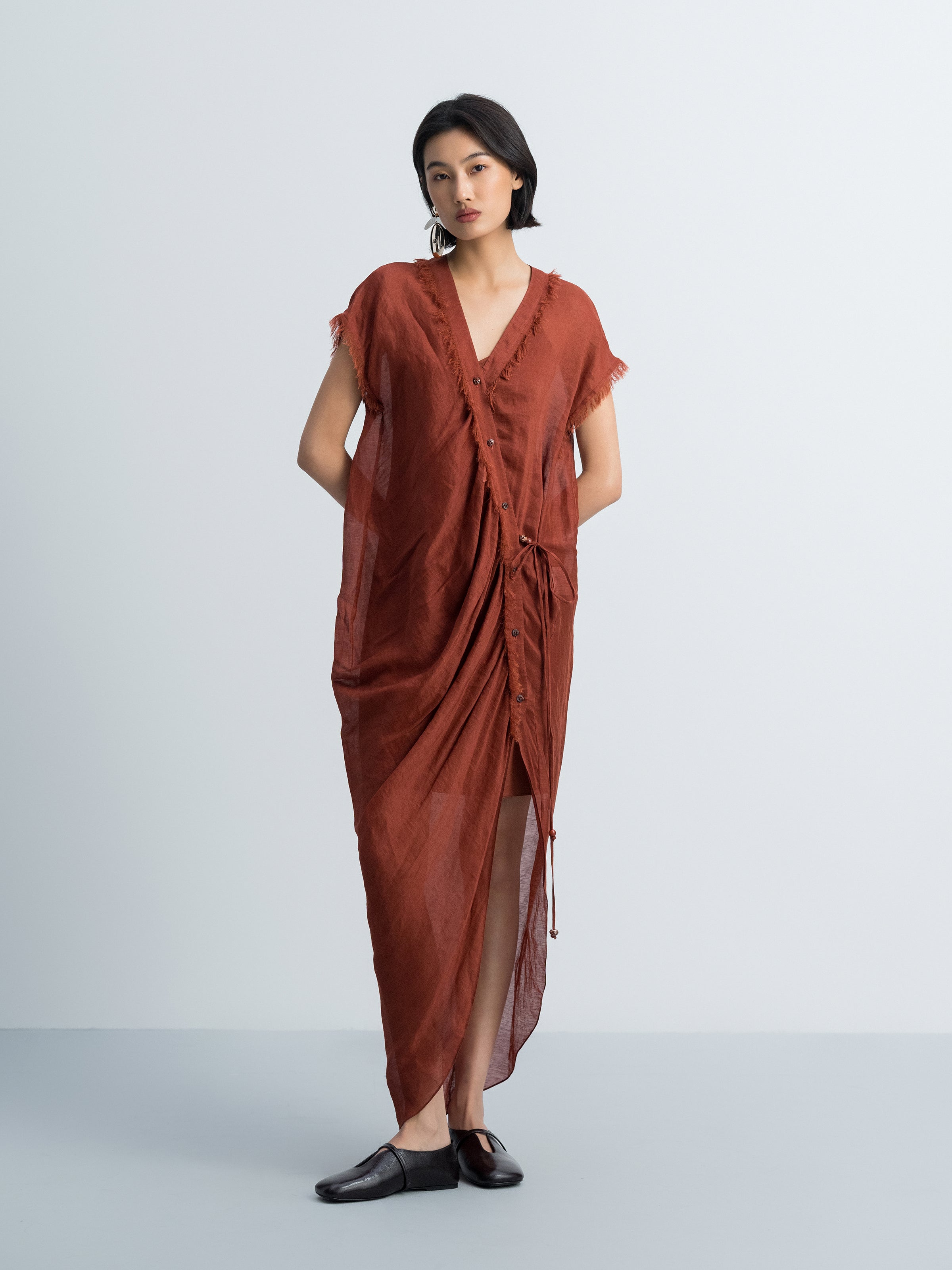 Dark Red Silk Linen Bead Tie V-Neck Cap Sleeve Dress