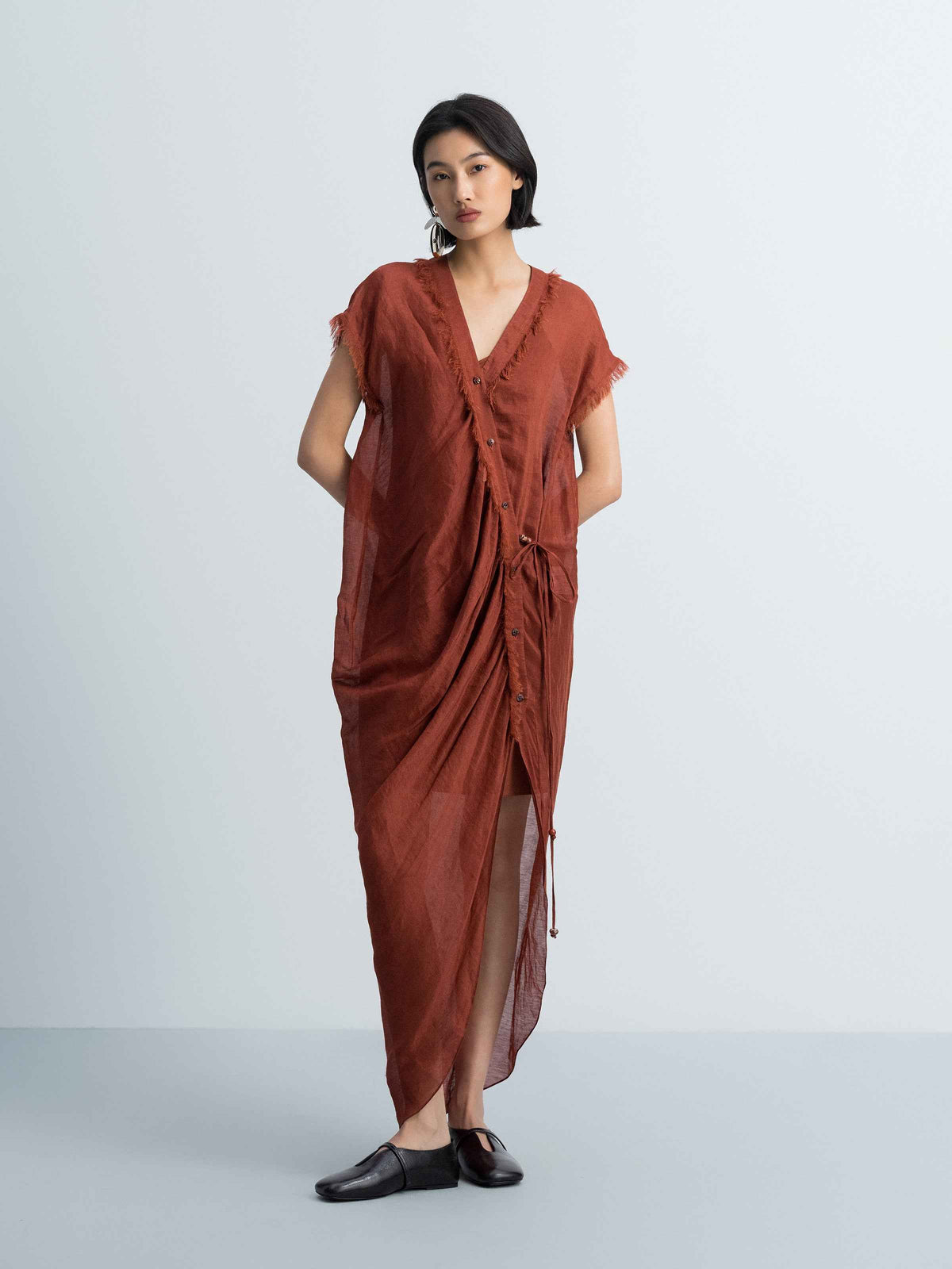 Dark Red Silk Linen Bead Tie V-Neck Cap Sleeve Dress