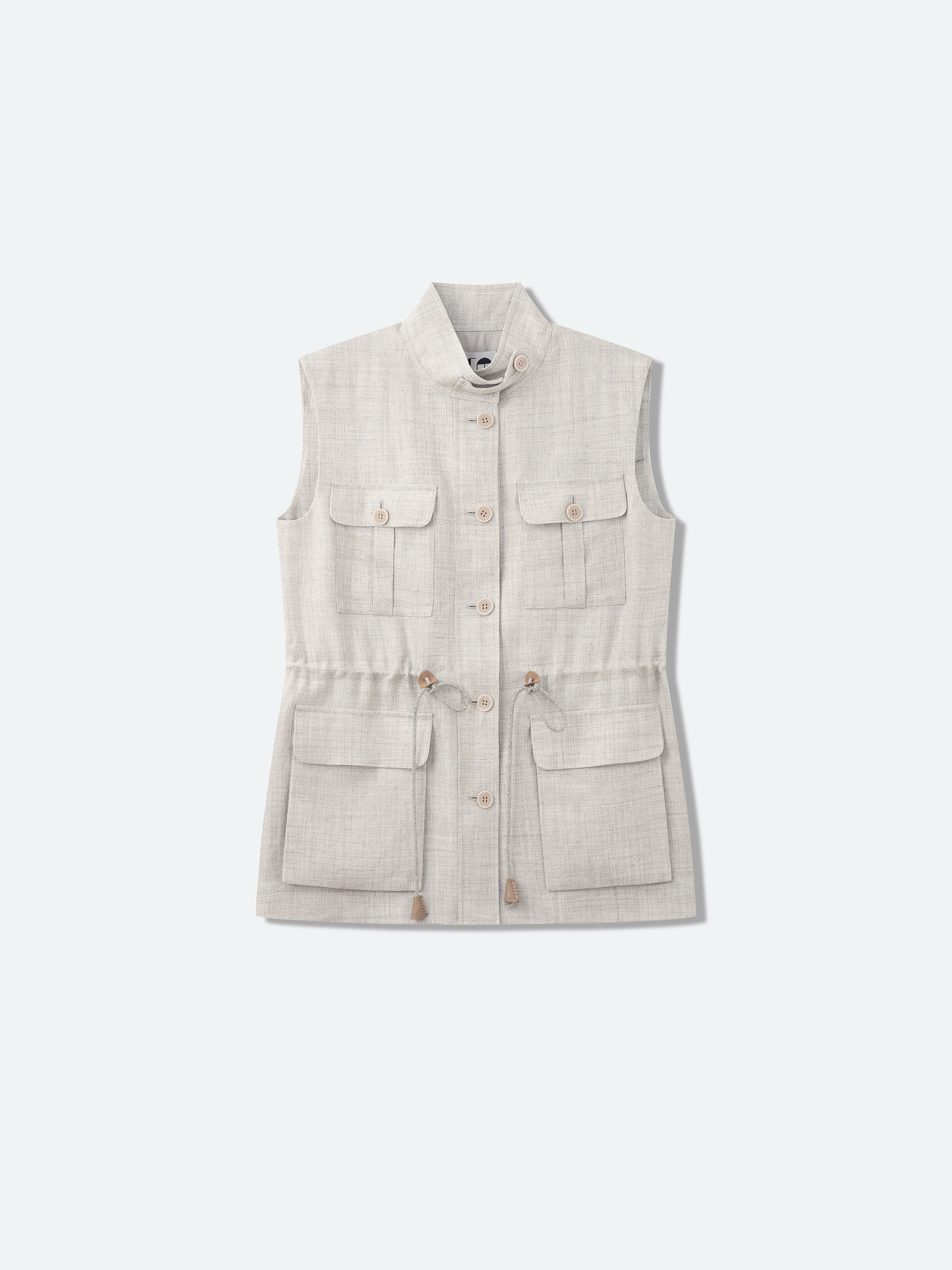 Light Gray Linen Viscose Stand Collar Midi Vest